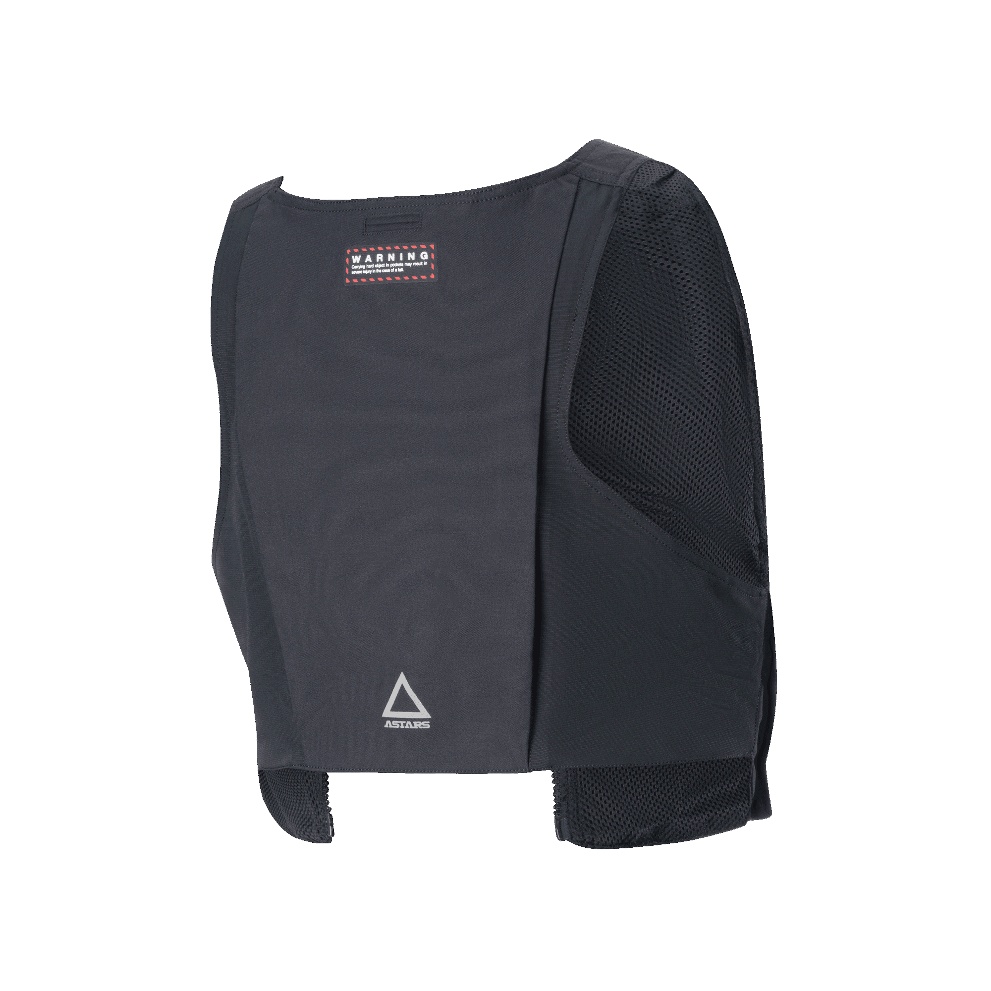 Gilet tactique Alpinestars Techdura, vue arrière, textile durable noir avec panneaux latéraux en maille, doté d'une étiquette d'avertissement rouge et d'un logo triangle Astars argenté dans le bas du dos, sac de rangement modulaire pour l'enduro