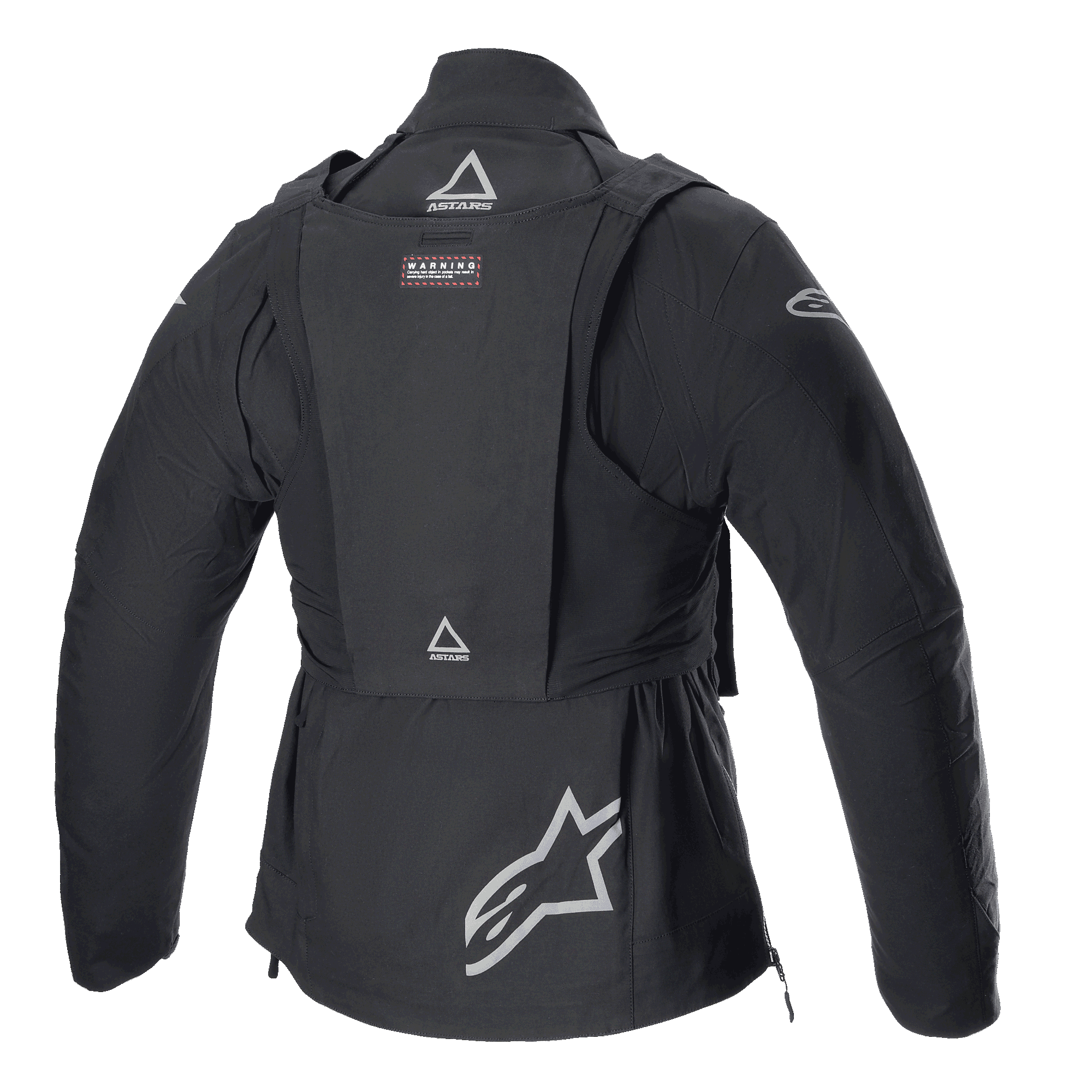 Veste Alpinestars Techdura avec sac tactique, veste de moto tout-terrain, Black Reflex, vue arrière avec gilet tactique détachable et logos ASTARS, grand logo étoile en bas du dos, conception modulaire robuste pour l'enduro