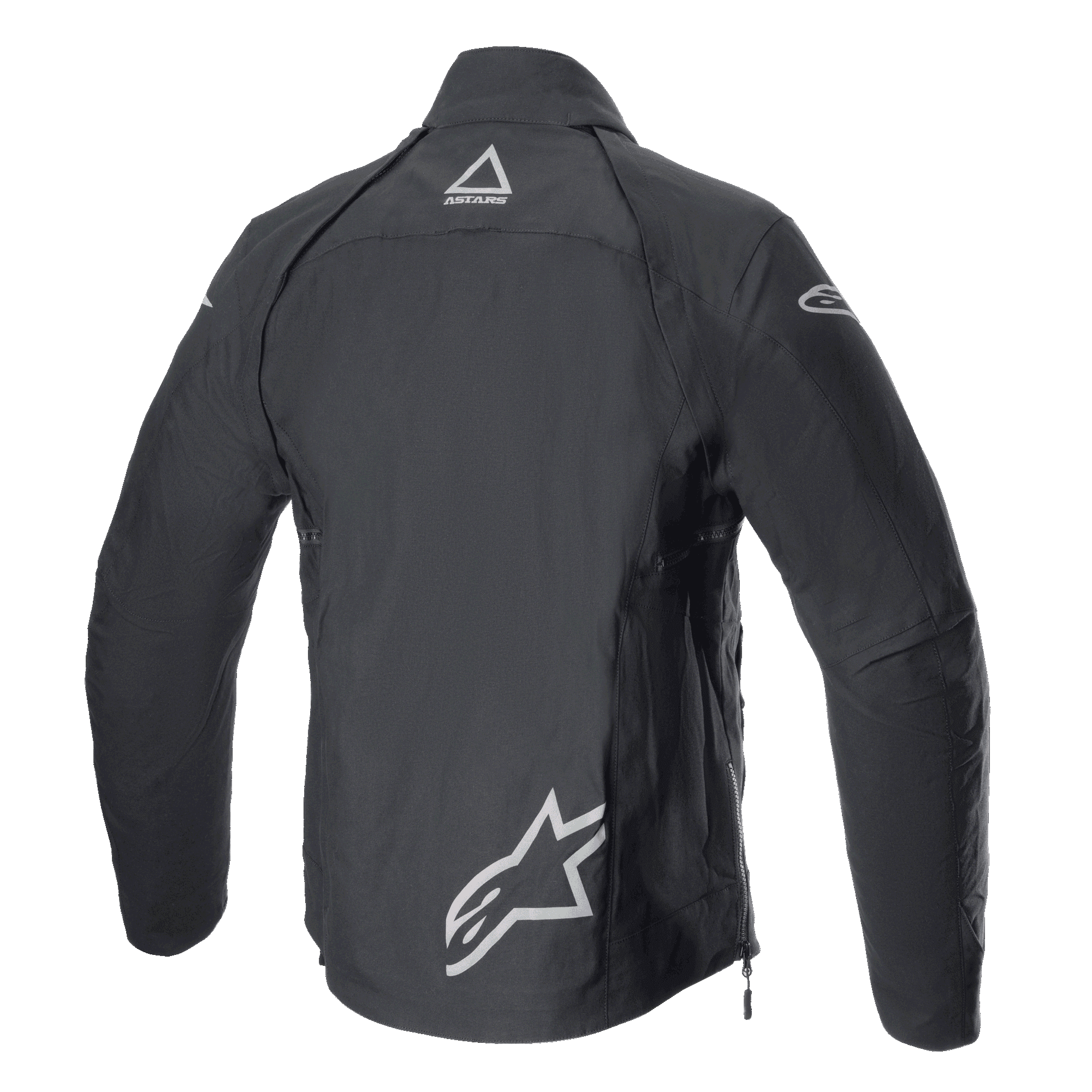 Veste Alpinestars Techdura, Noir Reflex, vue arrière de la veste de moto tout-terrain en textile, logos Alpinestars réfléchissants sur le bas du dos et la nuque, conception robuste pour l'enduro et l'aventure