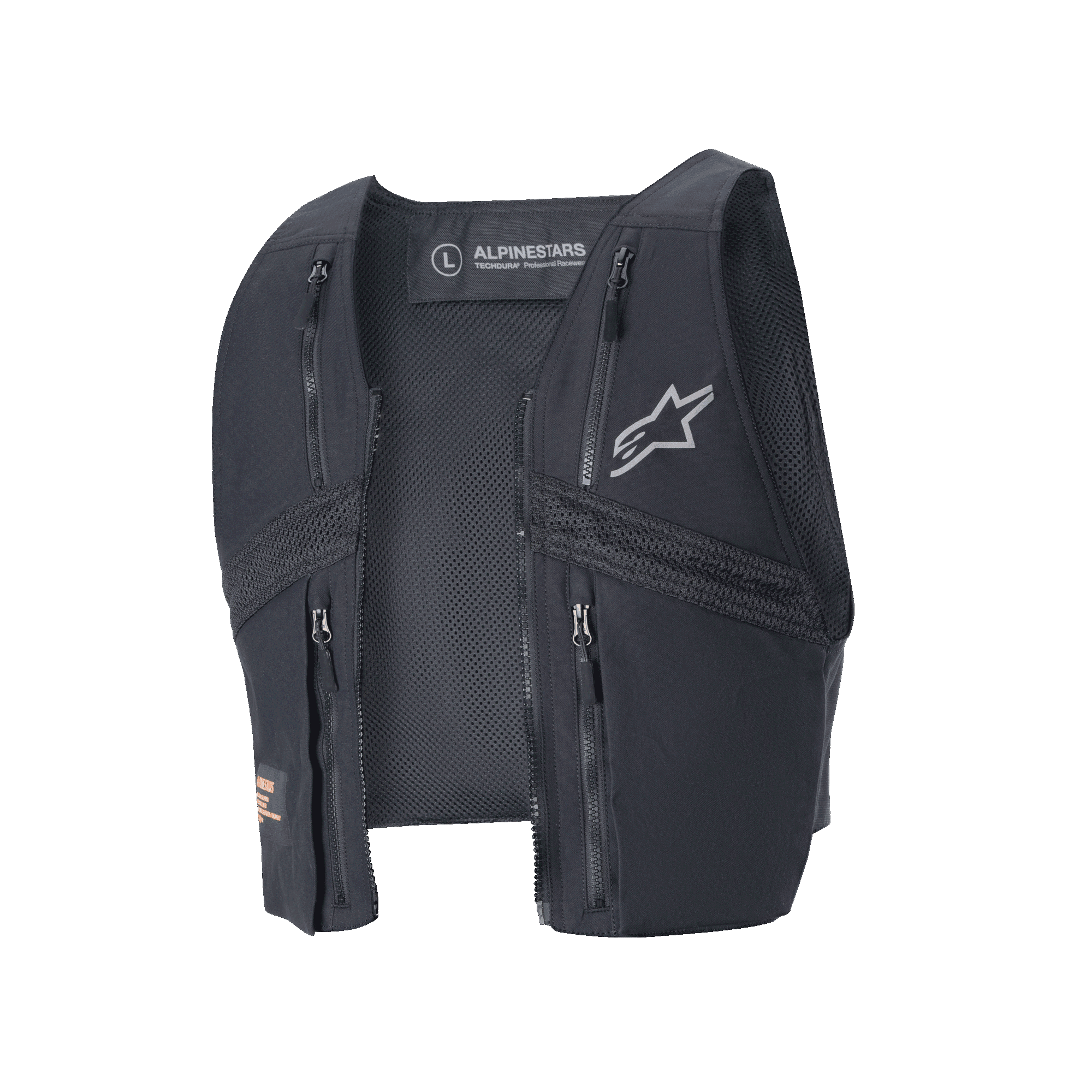 Gilet tactique Alpinestars Techdura, gilet noir amovible pour la veste Techdura, doté de quatre poches avant zippées, panneaux en mesh respirant et logo Alpinestars argenté, équipement modulaire pour l'enduro et le tout-terrain