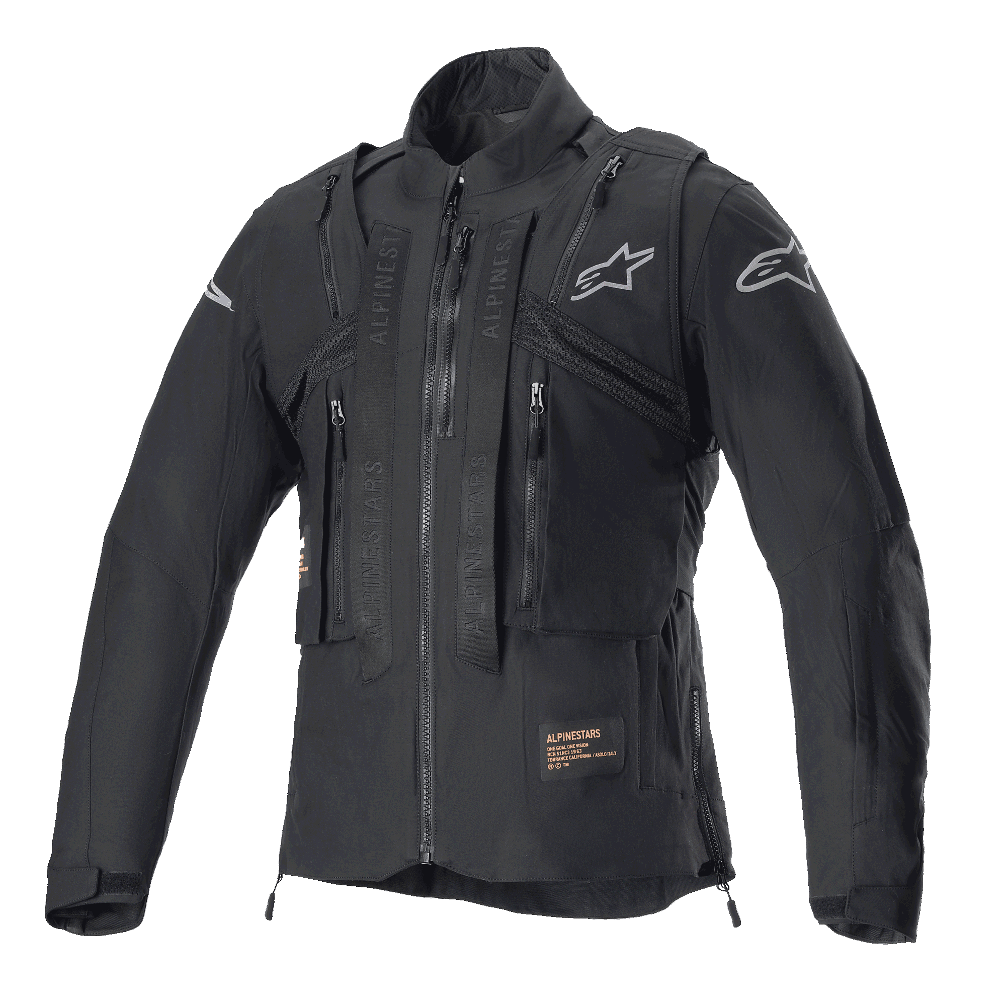 Veste Alpinestars Techdura, Black Reflex, veste de moto tout-terrain avec gilet tactique intégré, vue de face, dotée de multiples poches utilitaires, d'une construction textile robuste et de logos Alpinestars argentés, conçue pour l'enduro.