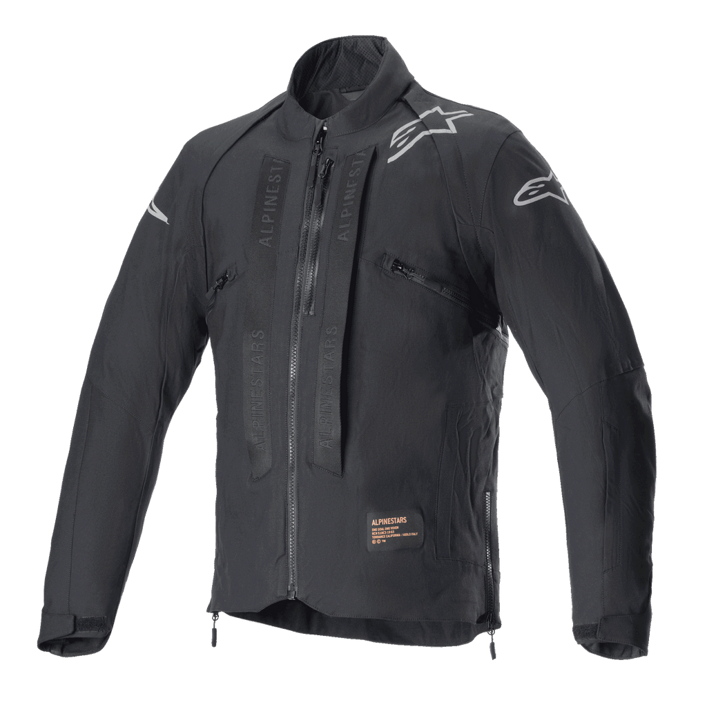Veste Alpinestars Techdura, veste de moto tout-terrain Black Reflex, logos étoiles blanches sur les épaules, marquage Alpinestars ton sur ton sur la poitrine, fermeture éclair frontale et construction textile durable, design technique enduro