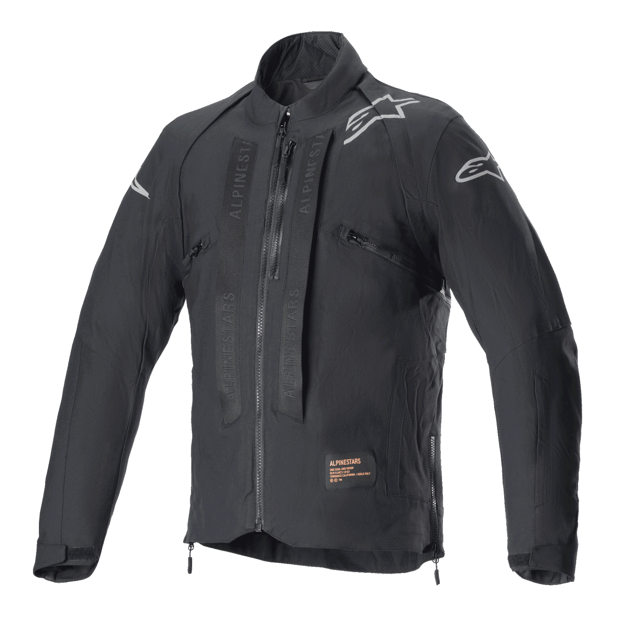 Veste Alpinestars Techdura, veste de moto tout-terrain Black Reflex, logos étoiles blanches sur les épaules, marquage Alpinestars ton sur ton sur la poitrine, fermeture éclair frontale et construction textile durable, design technique enduro