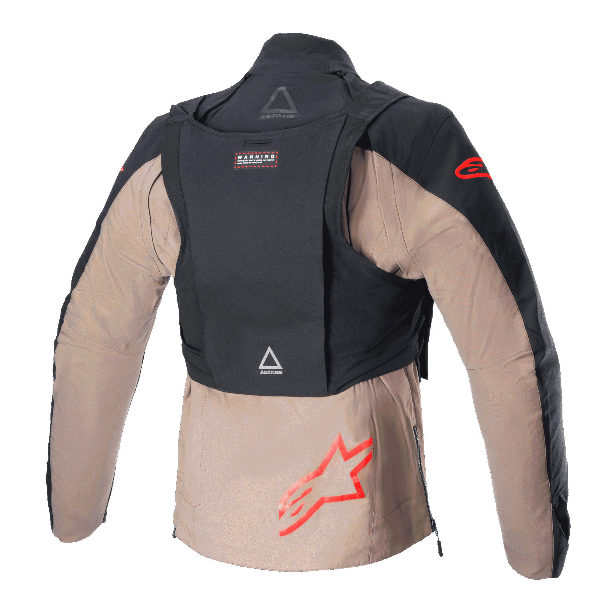 Veste Alpinestars Techdura, Black Falcon Brown, vue arrière présentant le sac tactique détachable, logos étoile Alpinestars rouges, construction textile robuste pour l'enduro et le tout-terrain
