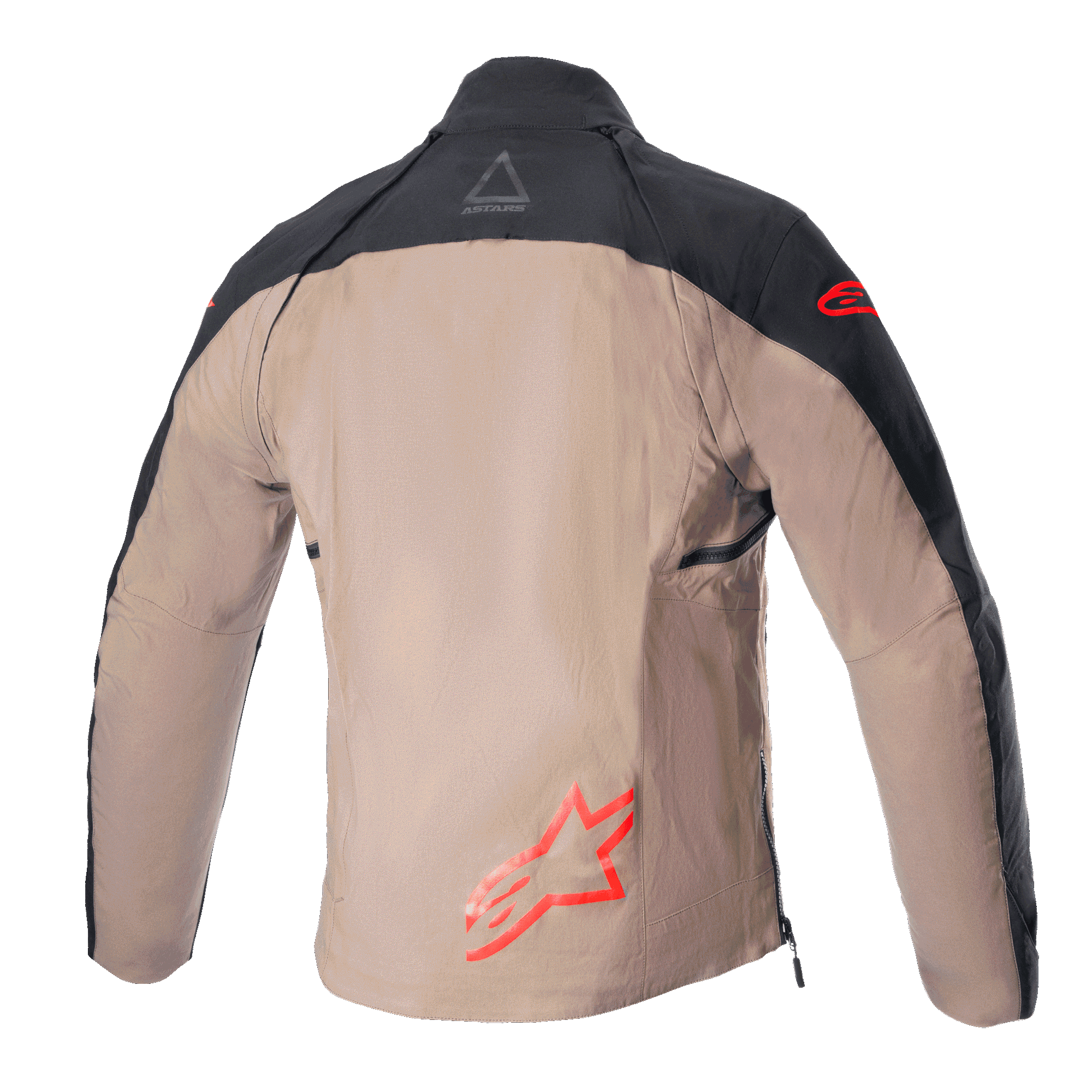 Veste Alpinestars Techdura, veste enduro tout-terrain, noir et brun falcon, vue arrière sans gilet tactique, avec logos Astars rouges et construction robuste en toile de polyamide.