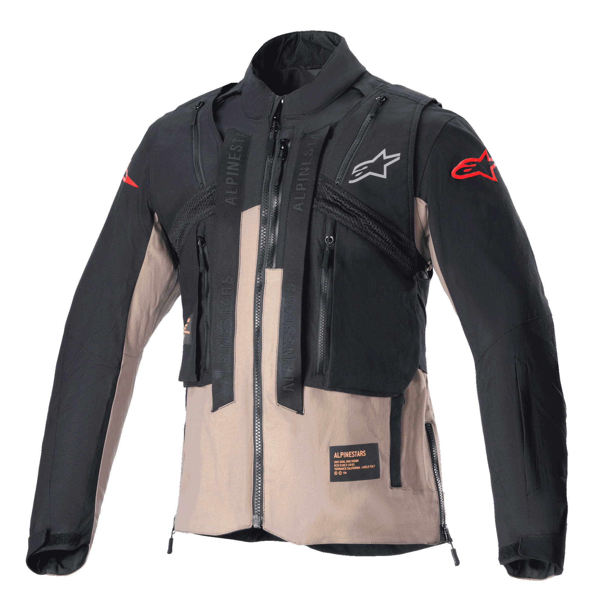 Veste Alpinestars Techdura, veste d'enduro tout-terrain, noir et brun Falcon Brown, design modulaire avec gilet tactique intégré, plusieurs poches utilitaires, construction en textile robuste, logos Alpinestars sur la poitrine et les manches