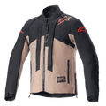 Veste Alpinestars Techdura, veste de moto tout-terrain, noir et brun Falcon, design bicolore avec logos étoiles rouges sur les épaules et les manches, sangles verticales marquées Alpinestars sur la poitrine, matériau textile durable