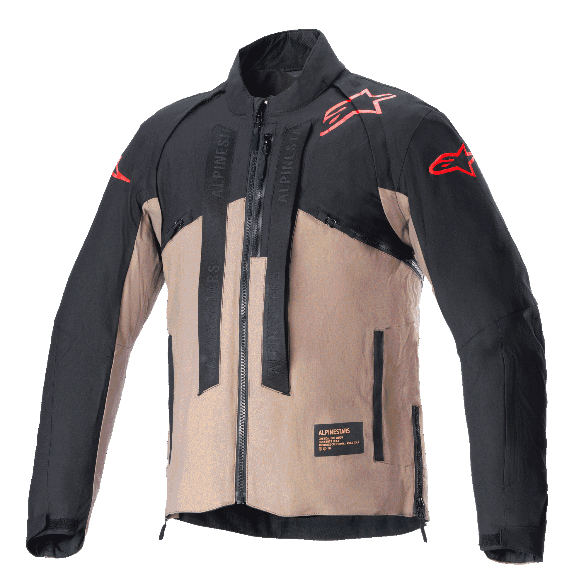 Veste Alpinestars Techdura, veste de moto tout-terrain, noir et brun Falcon, design bicolore avec logos étoiles rouges sur les épaules et les manches, sangles verticales marquées Alpinestars sur la poitrine, matériau textile durable