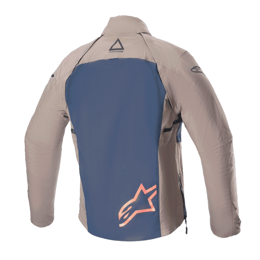 Veste Alpinestars Techdura, vue de dos, brun Falcon et bleu marine, dotée d'un panneau dorsal bleu avec un grand logo étoile orange, manches et épaules en textile brun, construction robuste en polyamide extensible pour l'enduro et le tout-terrain