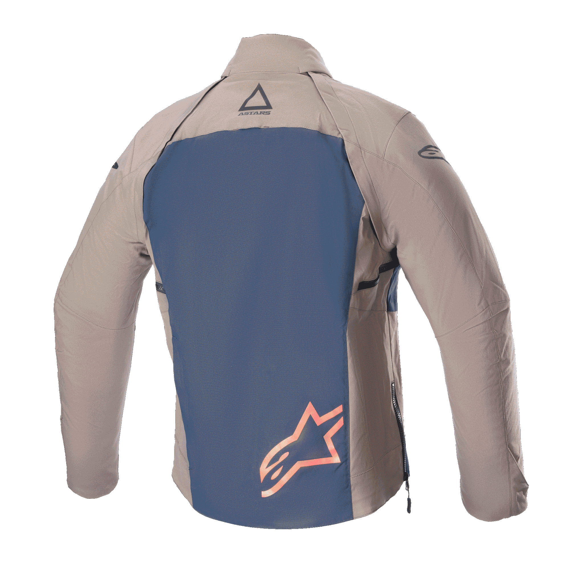 Veste Alpinestars Techdura, vue de dos, brun Falcon et bleu marine, dotée d'un panneau dorsal bleu avec un grand logo étoile orange, manches et épaules en textile brun, construction robuste en polyamide extensible pour l'enduro et le tout-terrain