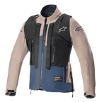 Veste Alpinestars Techdura, Brun Falcon et Bleu Nuit, avec gilet tactique noir détachable doté de multiples poches zippées, construction robuste en polyamide extensible, logo étoile sur la poitrine et les manches, conçue pour l'enduro et le tout-terrain.