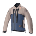 Veste Alpinestars Techdura, veste de moto tout-terrain, Falcon Brown et Night Navy, vue de face, construction bicolore avec marquage Alpinestars vertical noir, logo orange sur l'épaule, col haut et fermeture éclair frontale, vêtement technique pour l'enduro et le pilotage d'aventure.