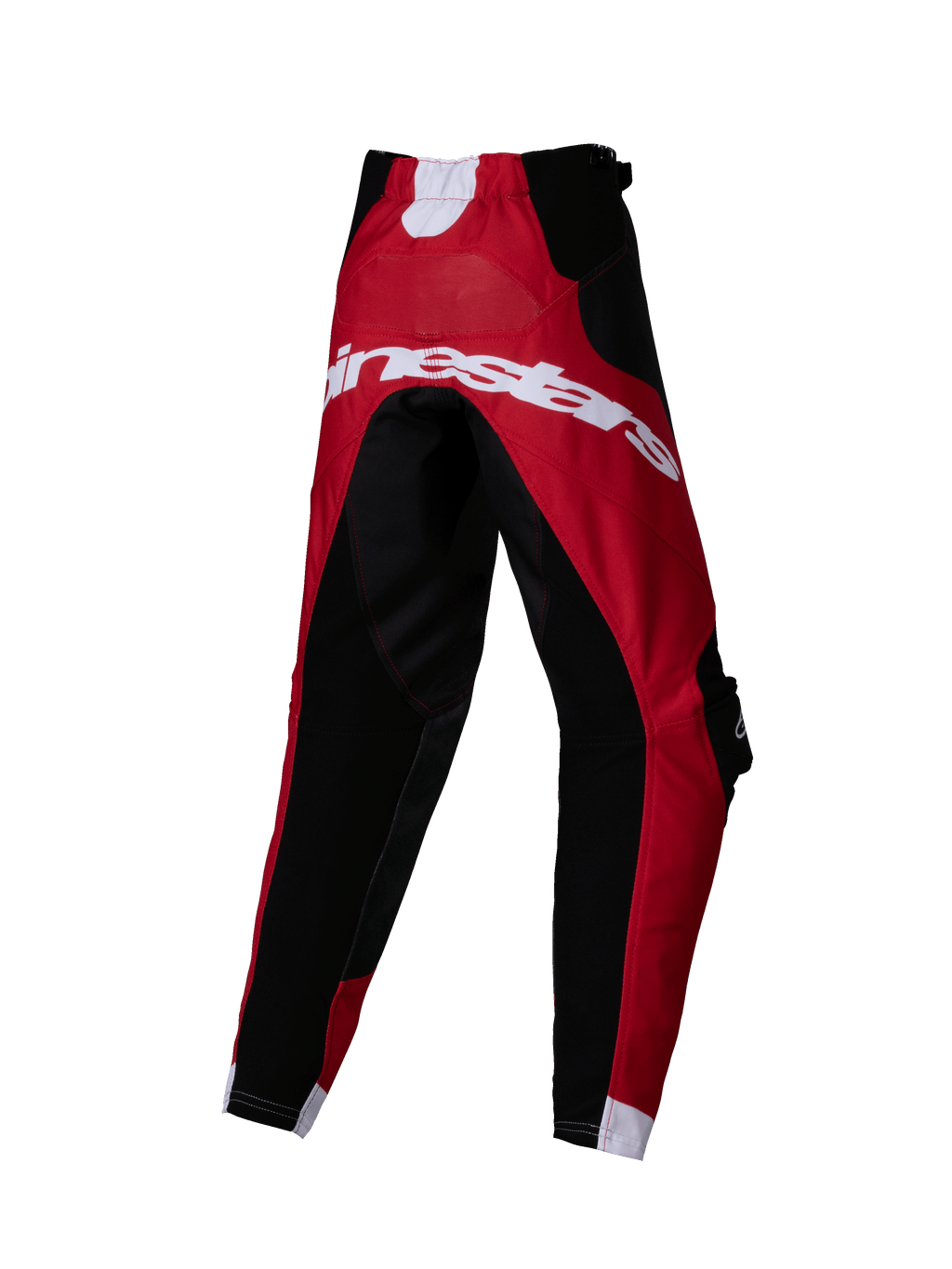 Alpinestars Pantalon Racer Veil Enfant 2025, pantalon de motocross, noir et rouge vif, vue arrière montrant le grand logo Alpinestars blanc, design technique multi-panneaux pour la course tout-terrain
