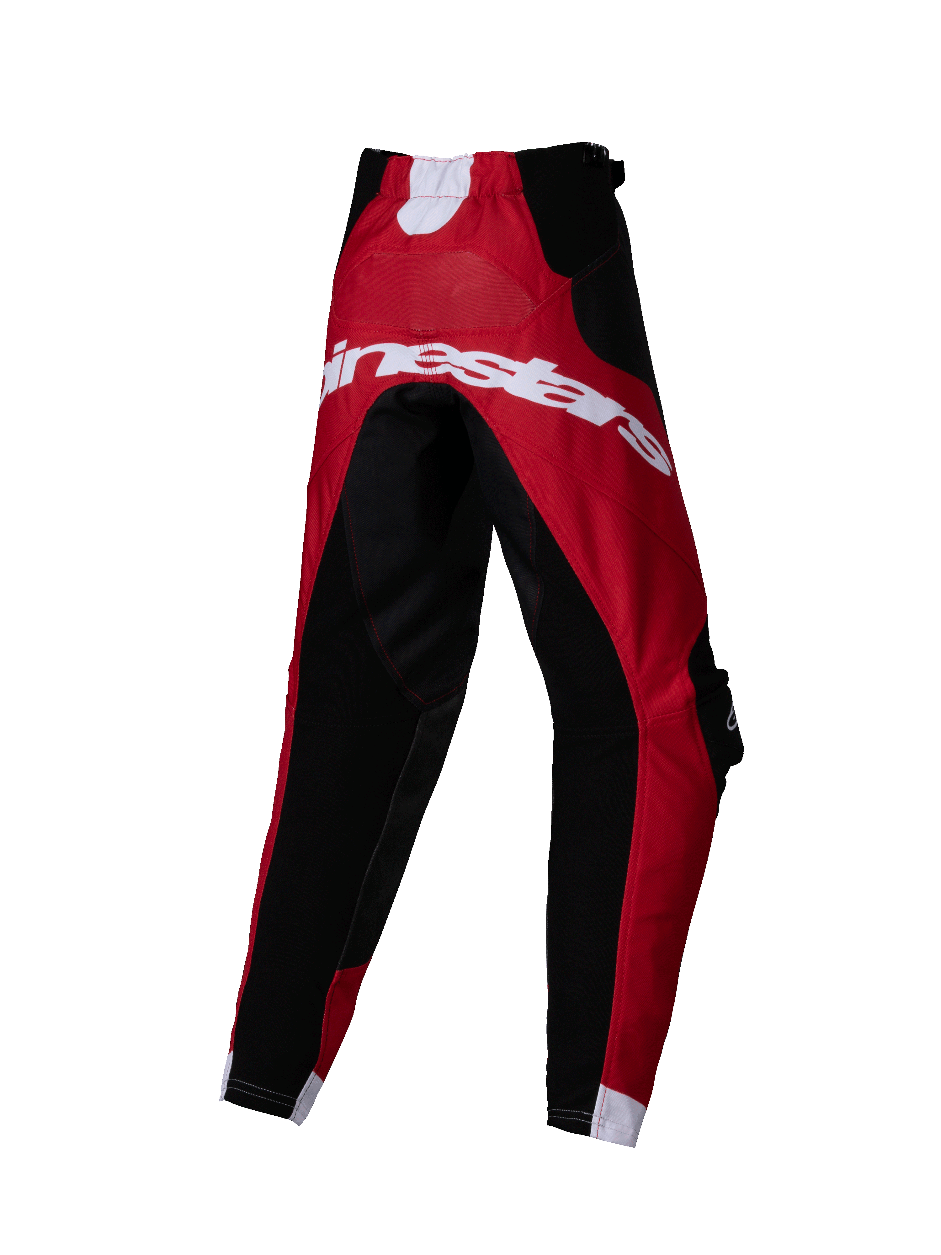 Alpinestars Pantalon Racer Veil Enfant 2025, pantalon de motocross, noir et rouge vif, vue arrière montrant le grand logo Alpinestars blanc, design technique multi-panneaux pour la course tout-terrain