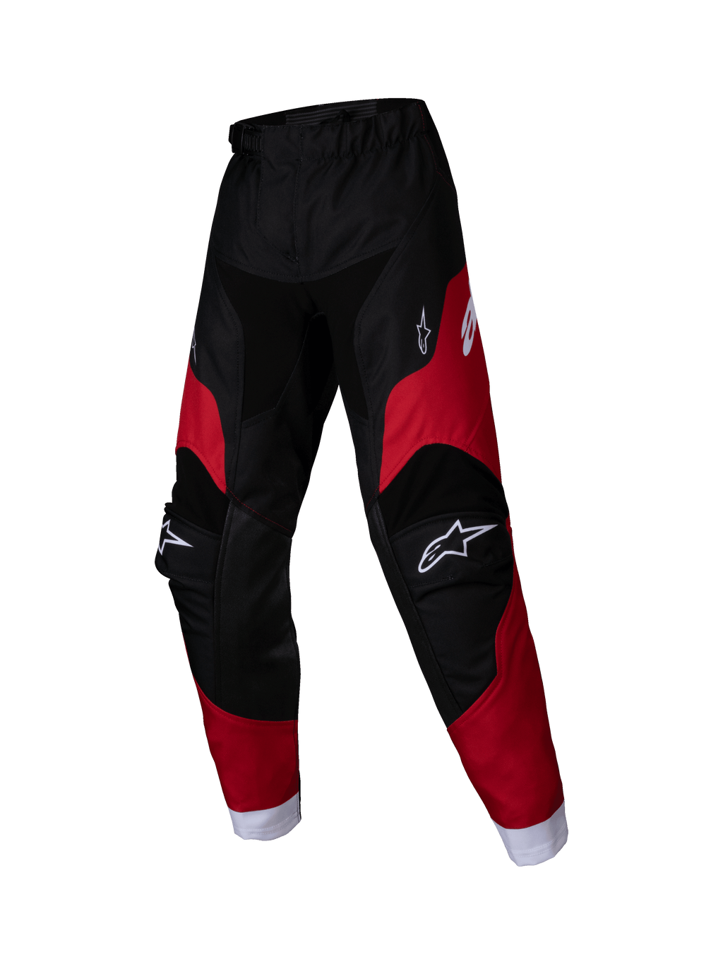 Alpinestars 2025 Kids Racer Veil Pants, pantalon de motocross pour enfant, noir et rouge vif, logos blancs sur les cuisses et les genoux, bas de jambes blancs, conception ergonomique pré-cintrée, matériau durable pour la course tout-terrain
