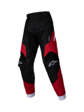 Alpinestars 2025 Kids Racer Veil Pants, pantalon de motocross pour enfant, noir et rouge vif, logos blancs sur les cuisses et les genoux, bas de jambes blancs, conception ergonomique pré-cintrée, matériau durable pour la course tout-terrain