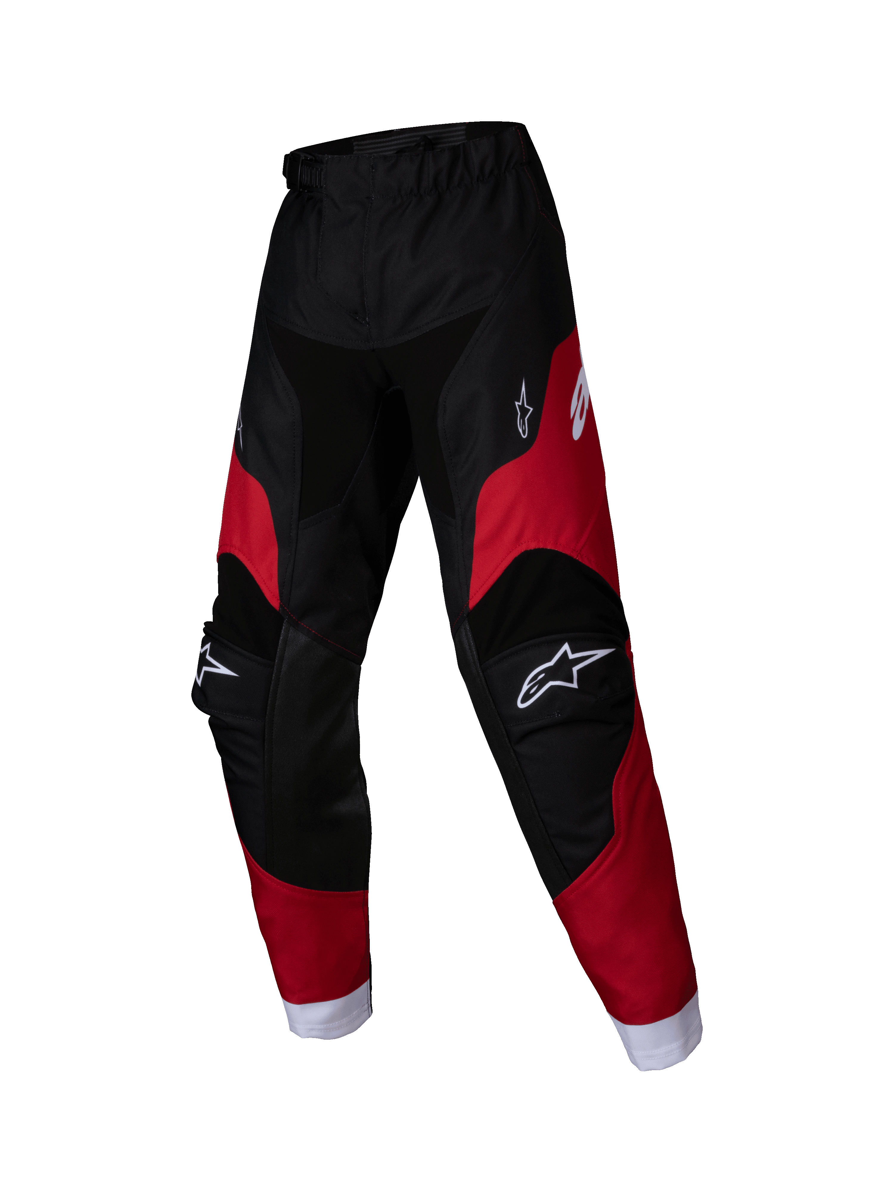 Alpinestars 2025 Kids Racer Veil Pants, pantalon de motocross pour enfant, noir et rouge vif, logos blancs sur les cuisses et les genoux, bas de jambes blancs, conception ergonomique pré-cintrée, matériau durable pour la course tout-terrain