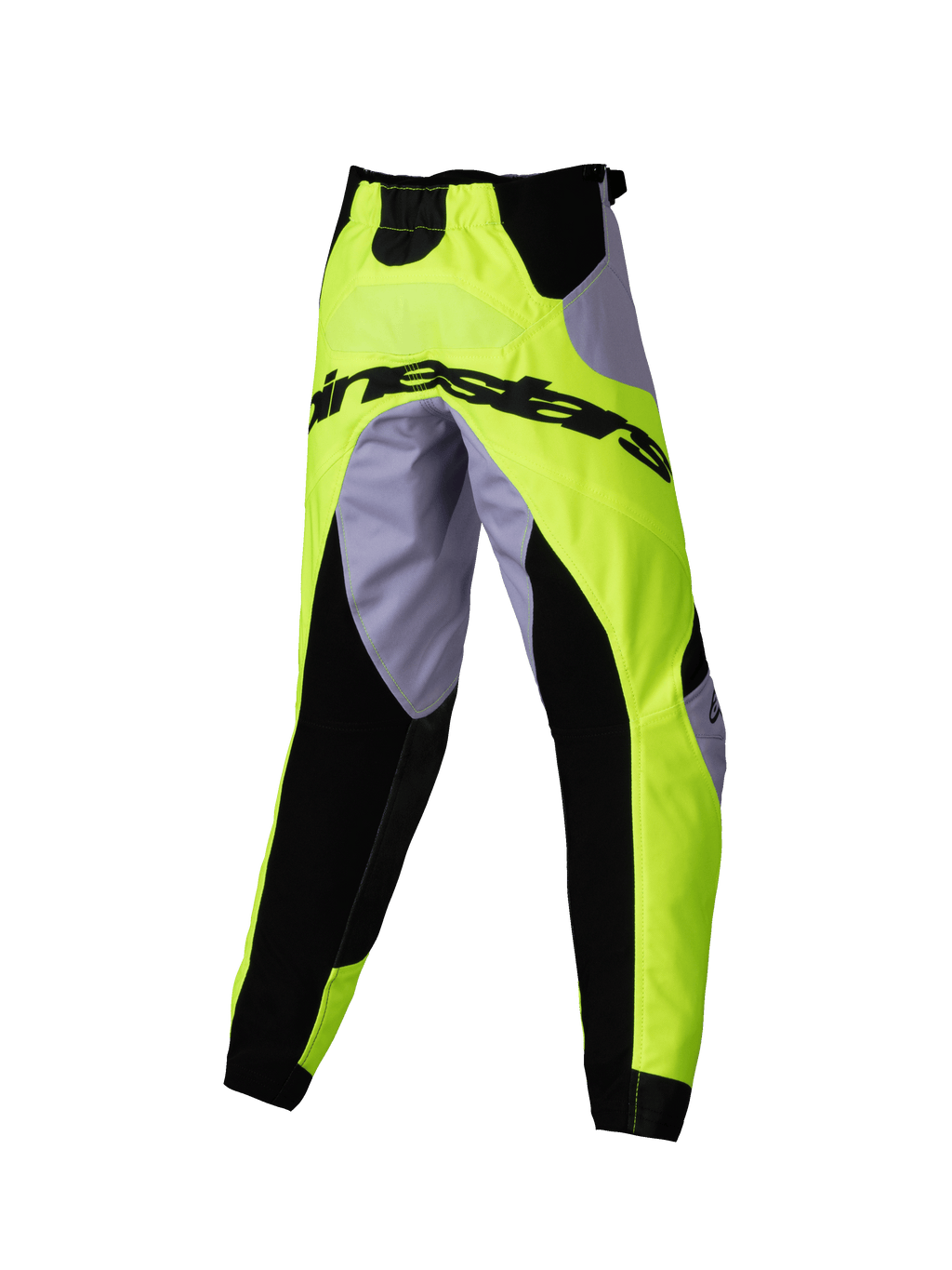 Alpinestars 2025 Kids Racer Veil Pants, pantalon de motocross, gris et jaune fluo, avec empiècements extensibles noirs et logo Alpinestars à l'arrière, design ergonomique sportif pour la course tout-terrain des jeunes