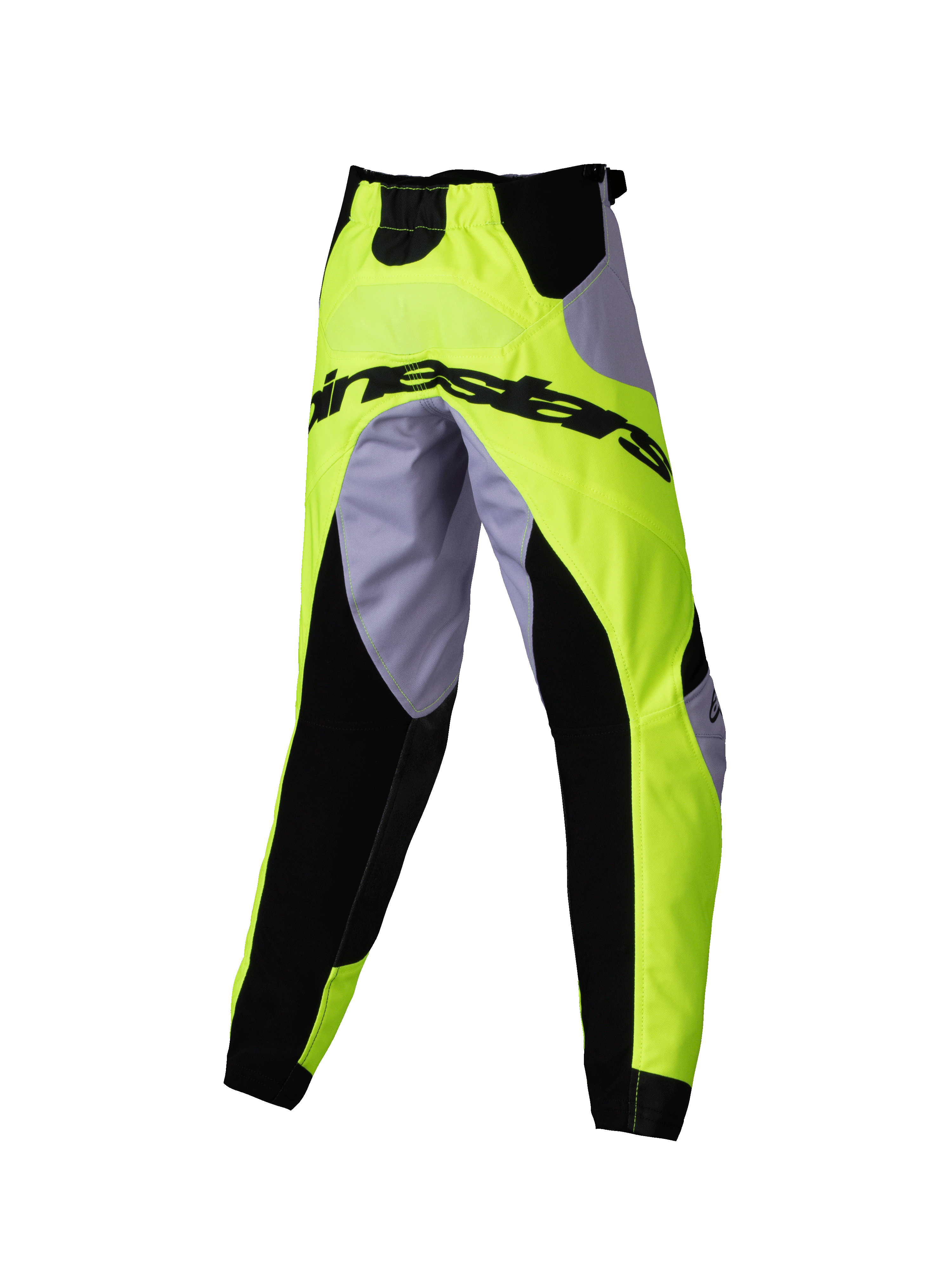 Alpinestars 2025 Kids Racer Veil Pants, pantalon de motocross, gris et jaune fluo, avec empiècements extensibles noirs et logo Alpinestars à l'arrière, design ergonomique sportif pour la course tout-terrain des jeunes