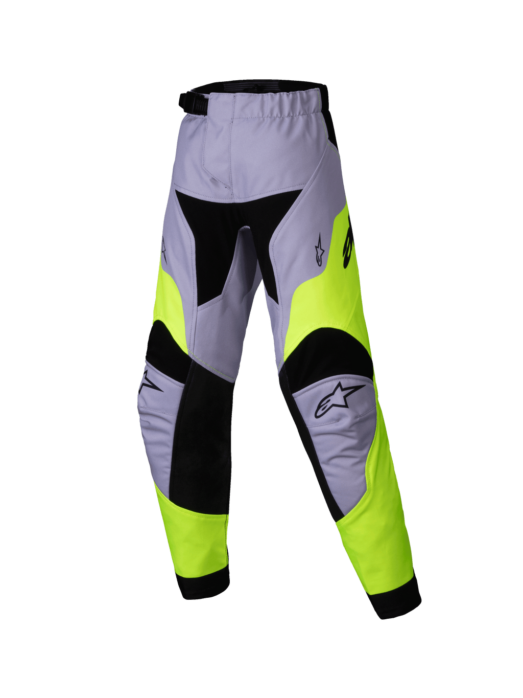 Alpinestars 2025 Kids Racer Veil Pants, pantalon de motocross pour enfant, gris et jaune fluo, design technique multi-panneaux avec accents noirs, logos étoilés Alpinestars sur les genoux, textile durable pour le tout-terrain