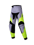 Alpinestars 2025 Kids Racer Veil Pants, pantalon de motocross pour enfant, gris et jaune fluo, design technique multi-panneaux avec accents noirs, logos étoilés Alpinestars sur les genoux, textile durable pour le tout-terrain