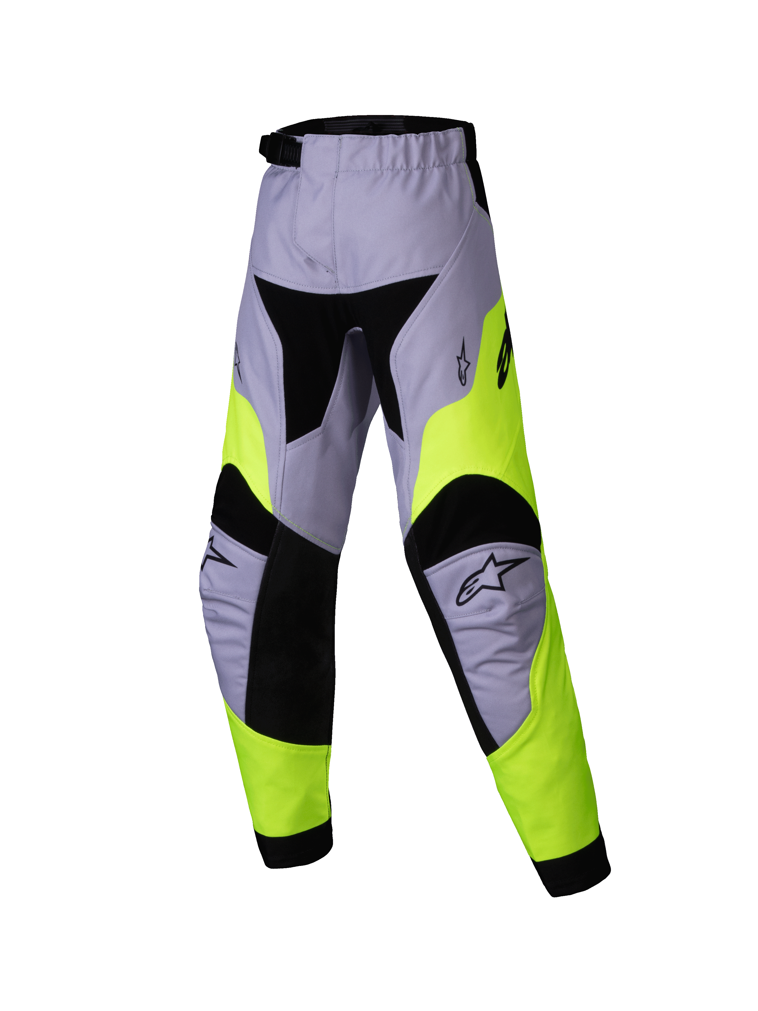 Alpinestars 2025 Kids Racer Veil Pants, Youth Motocross Pants, Gray and Yellow Fluo, technical multi-panel design with black accents, Alpinestars star logos on knees, durable textile for off-road racing