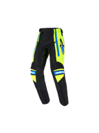 Alpinestars 2026 Kids Racer Nomur Pants, Youth Motocross Pants, Dark Navy with Yellow Fluo and UCLA Blue accents, featuring star logo on the thigh, 'astars' branding on the knees, and ergonomic pre-curved design for off-road racing