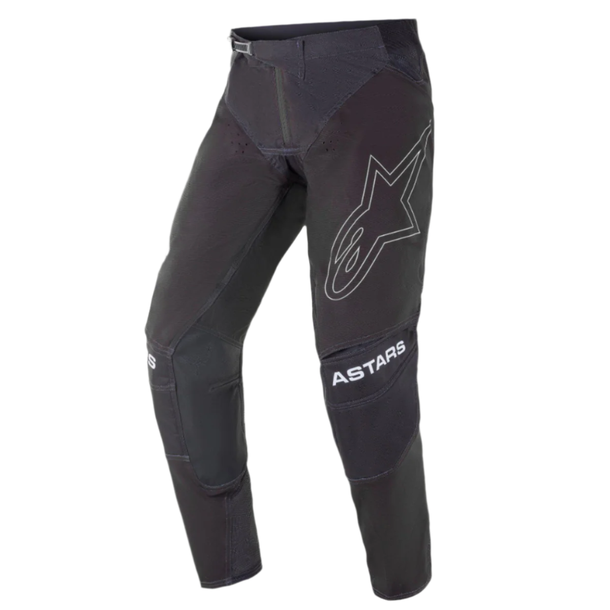 Alpinestars 2021 Techstar Phantom Pants, Motocross Pants, Black with White accents, featuring a large outlined star logo on the thigh, ASTARS branding on the knees, technical rip-stop fabric with perforated zones, and 3D Babel knee construction for off-road racing performance.