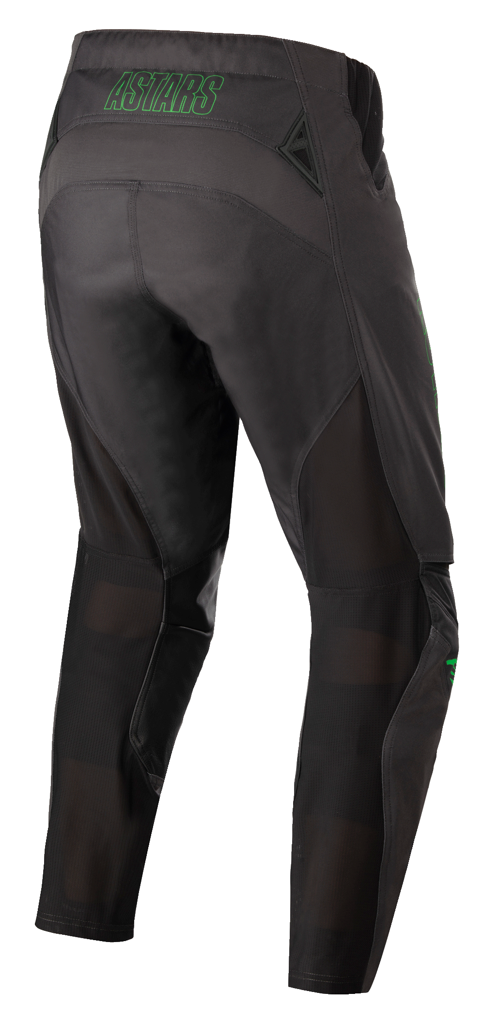 Alpinestars Techstar Phantom Pants, pantalon de motocross, anthracite et vert néon, vue arrière montrant le marquage « ASTARS » vert néon à la taille, panneaux de ventilation en mesh à l'arrière des jambes et assise renforcée pour la durabilité en tout-terrain