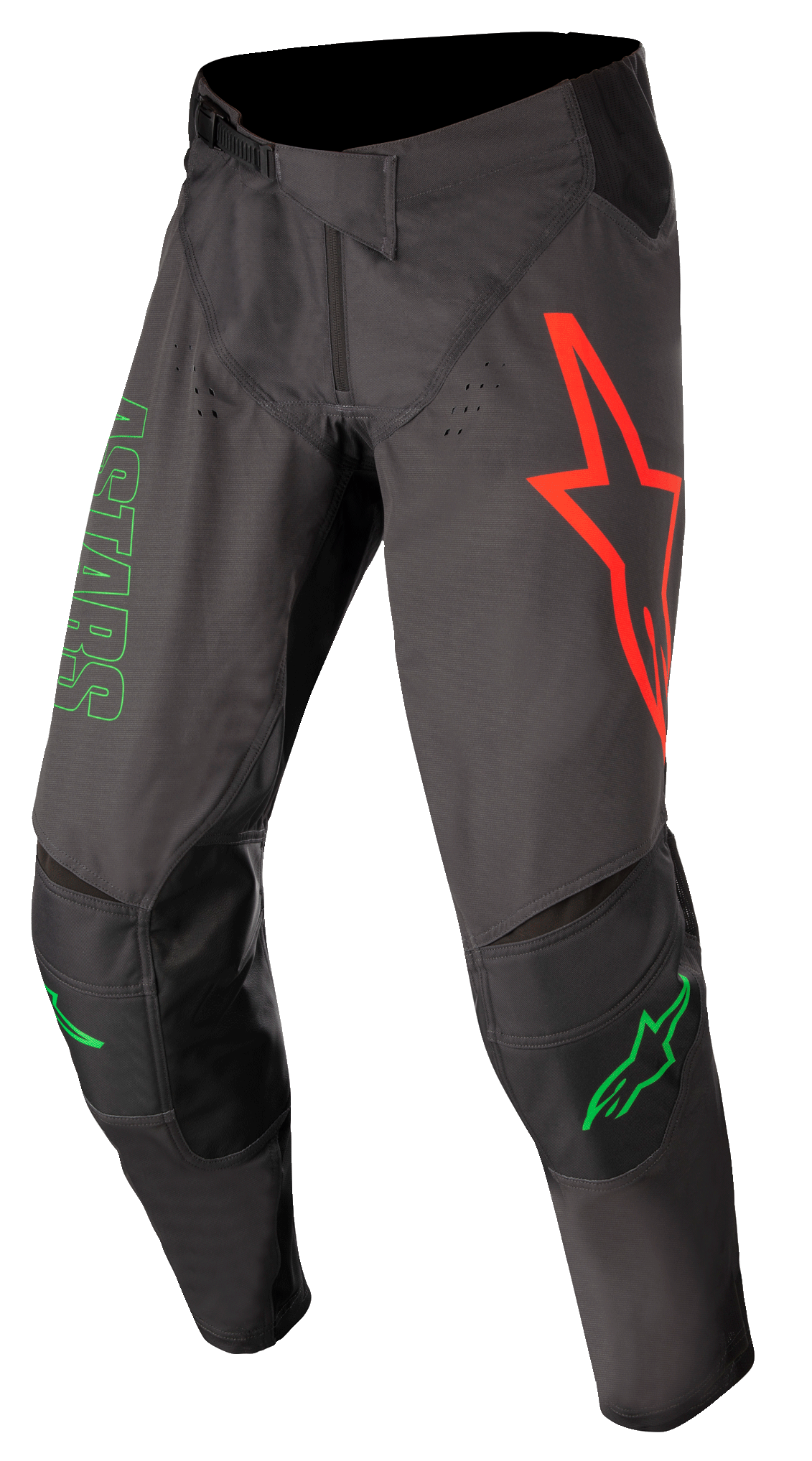 Alpinestars Techstar Phantom Pants, pantalon de motocross, anthracite et vert fluo, avec un grand logo d'étoile rouge sur la cuisse gauche, marquage ASTARS vert sur le côté, empiècements de genoux noirs renforcés, fermeture à cliquet réglable à la taille, équipement de performance durable pour le motocross