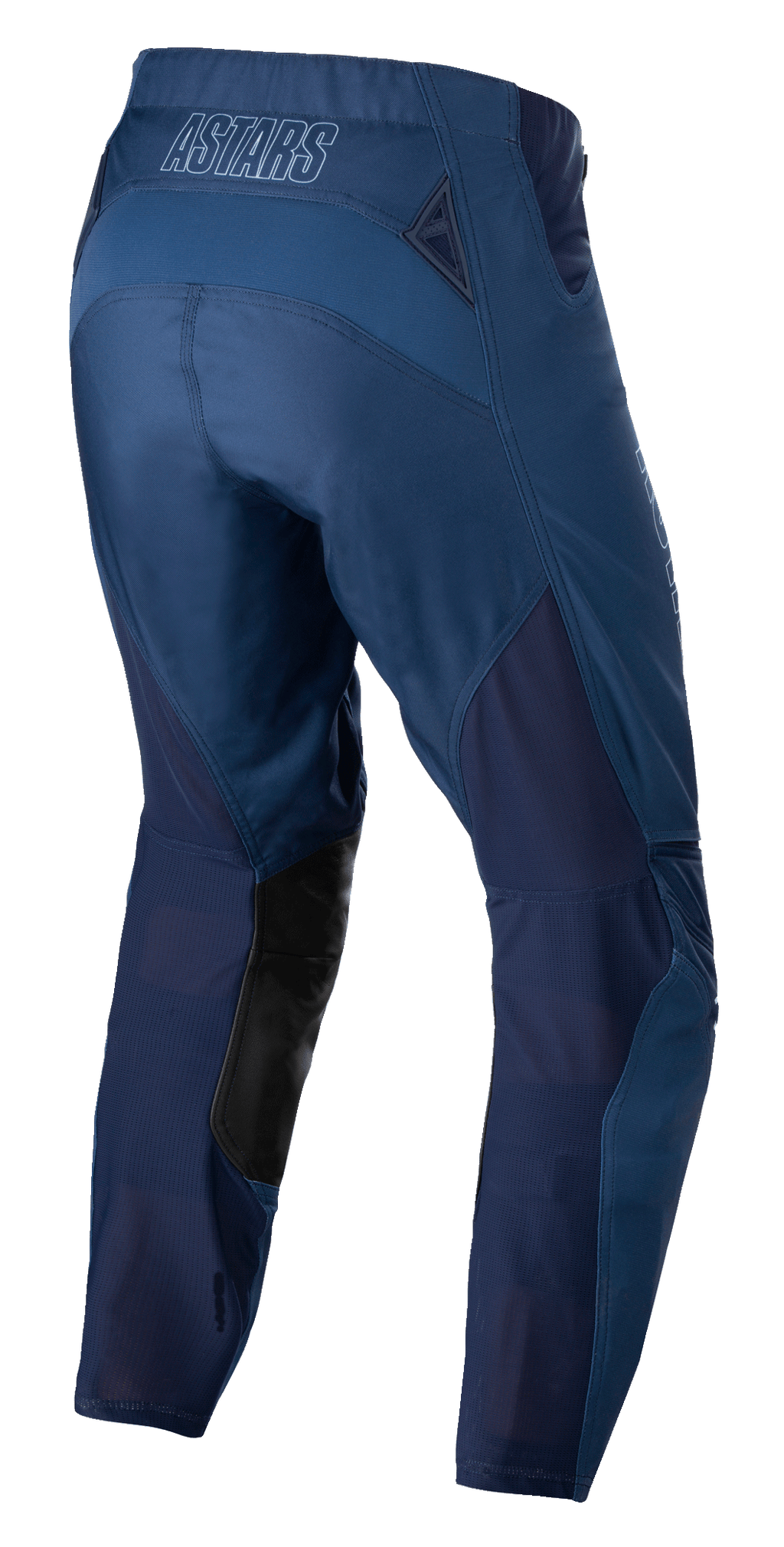 Alpinestars Techstar Phantom Pants, pantalon de motocross, bleu foncé, vue arrière avec panneaux en maille respirante et empiècements en cuir noir à l'intérieur des jambes, logo ASTARS sur la taille, conçu pour les performances tout-terrain
