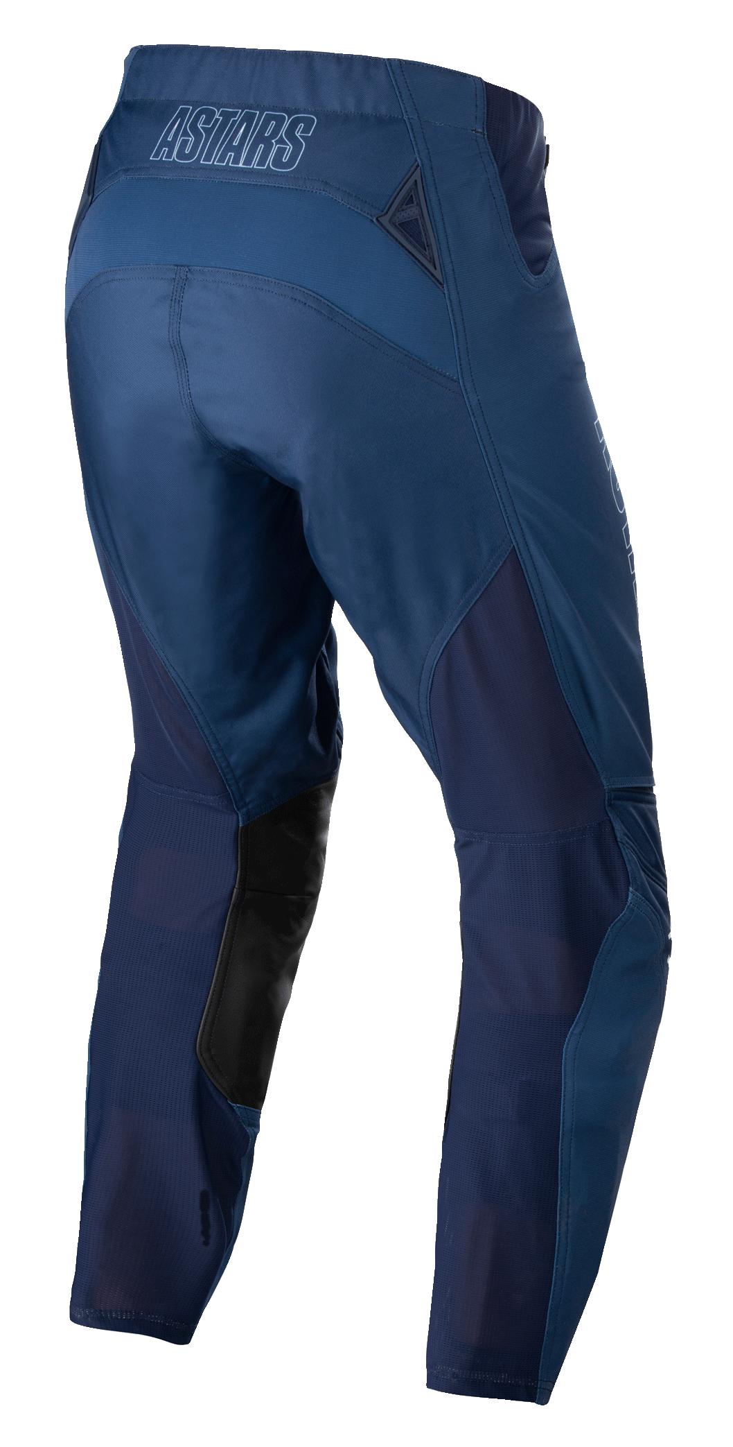 Alpinestars Techstar Phantom Pants, pantalon de motocross, bleu foncé, vue arrière avec panneaux en maille respirante et empiècements en cuir noir à l'intérieur des jambes, logo ASTARS sur la taille, conçu pour les performances tout-terrain