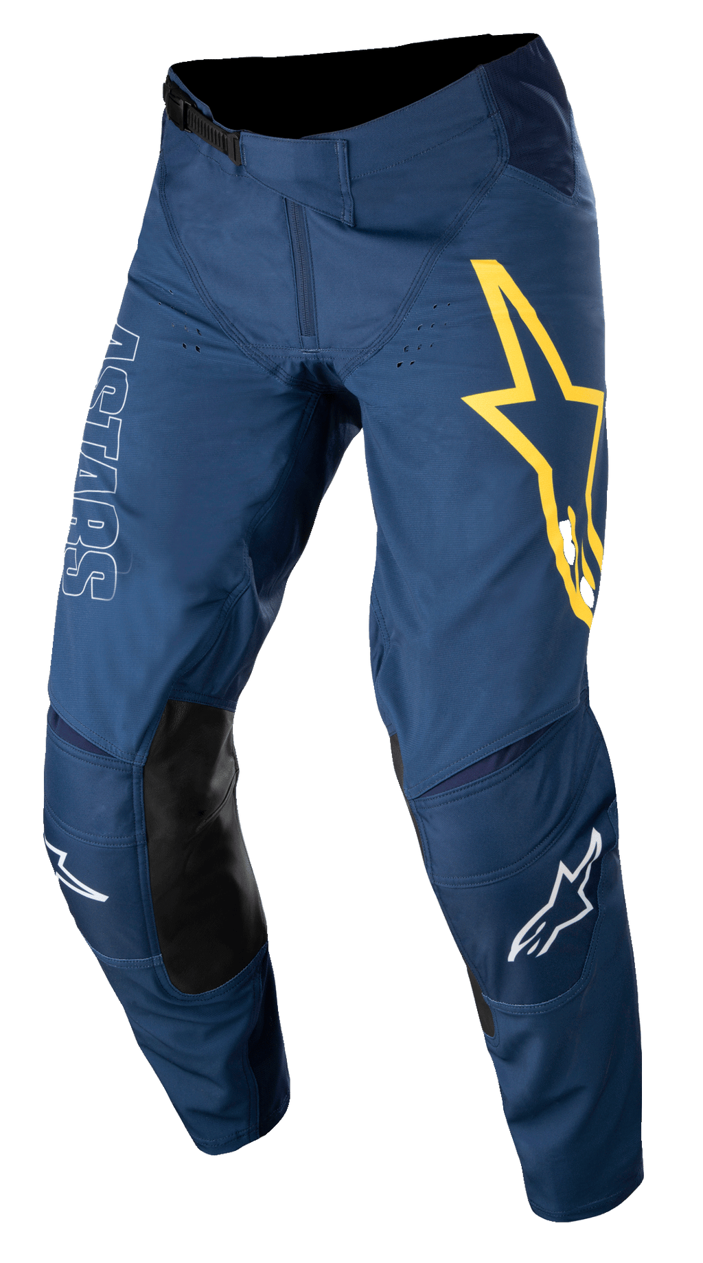 Alpinestars Techstar Phantom, pantalon de motocross, bleu foncé avec accents jaunes et blancs, panneaux de genoux en cuir noir, grand logo étoile jaune sur la cuisse, marquage ASTARS blanc, tissu rip-stop extensible durable pour le tout-terrain