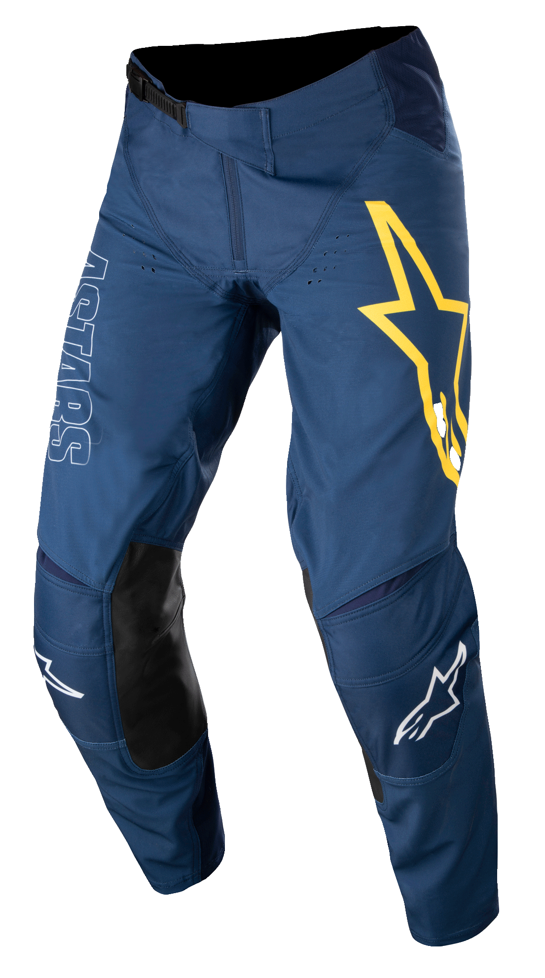 Alpinestars Techstar Phantom, pantalon de motocross, bleu foncé avec accents jaunes et blancs, panneaux de genoux en cuir noir, grand logo étoile jaune sur la cuisse, marquage ASTARS blanc, tissu rip-stop extensible durable pour le tout-terrain