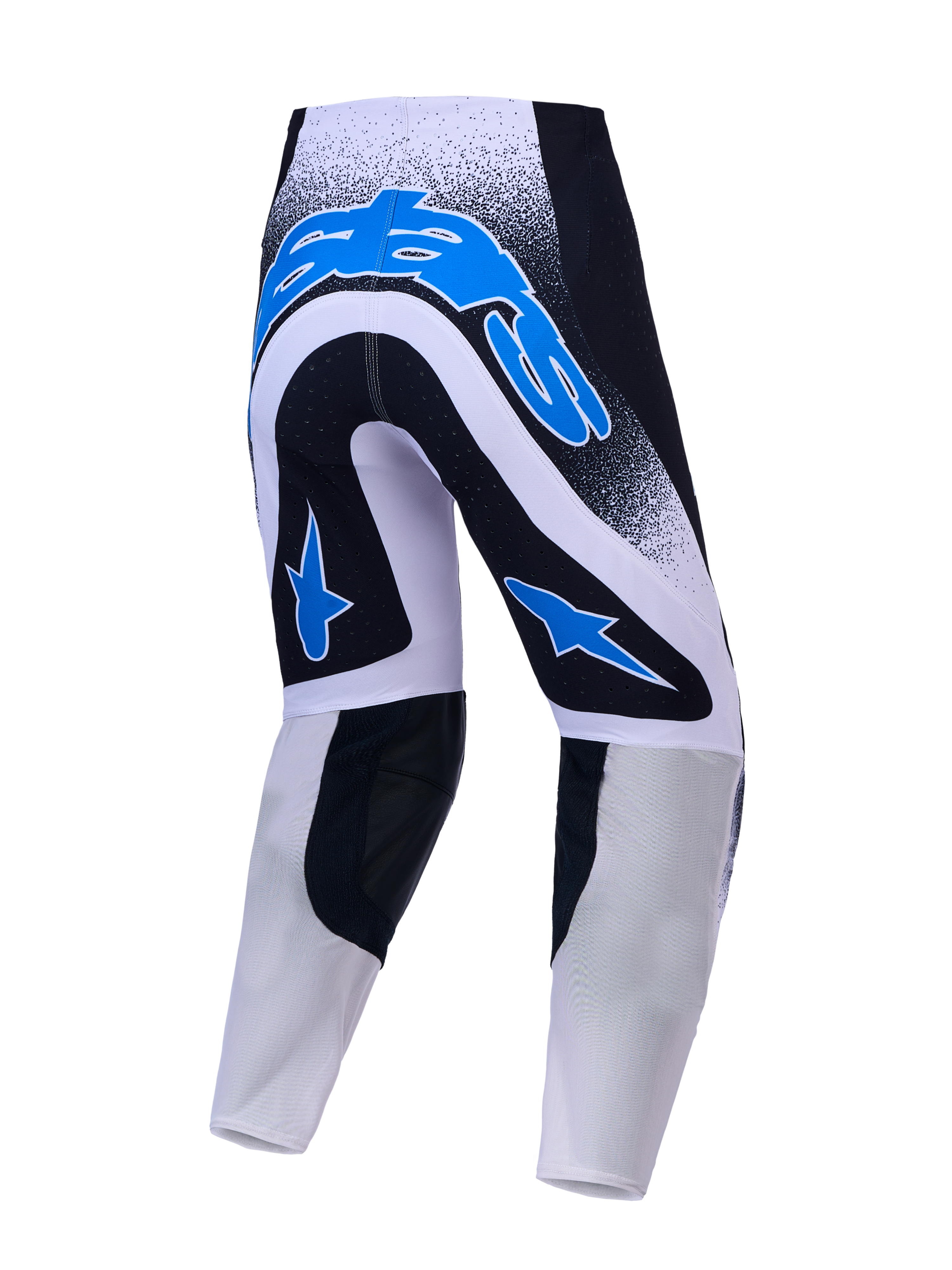 Alpinestars Supertech Hiten AFD, pantalon de motocross tout-terrain, vue de dos, noir, blanc et bleu, construction en maille extensible
