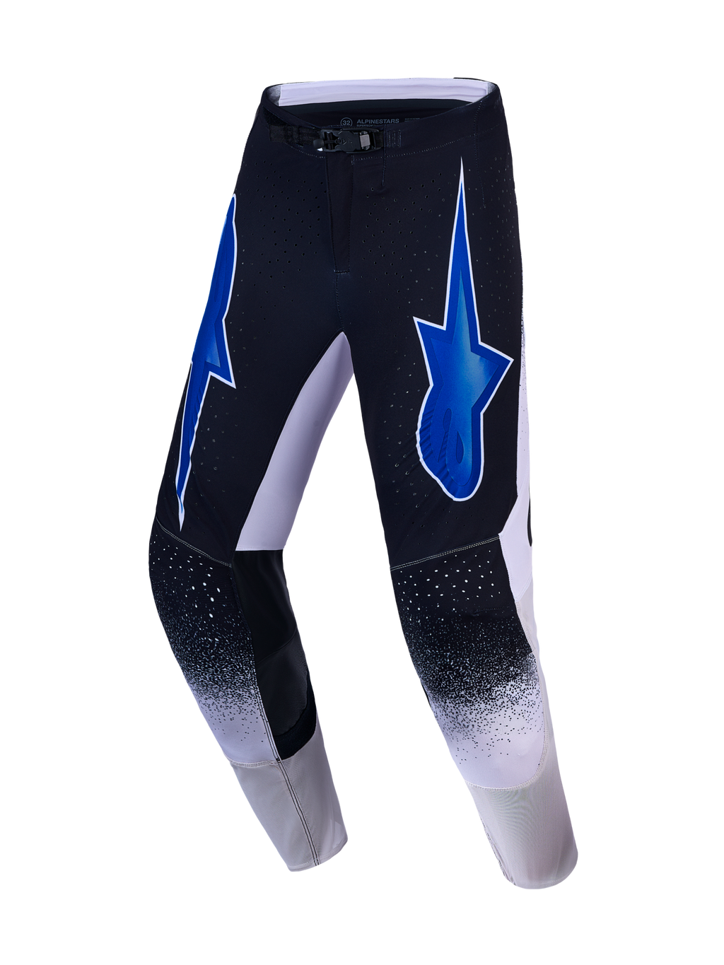 Alpinestars Supertech Hiten AFD, pantalon de motocross, noir et blanc, graphismes d'étoiles bleues et ventilation perforée