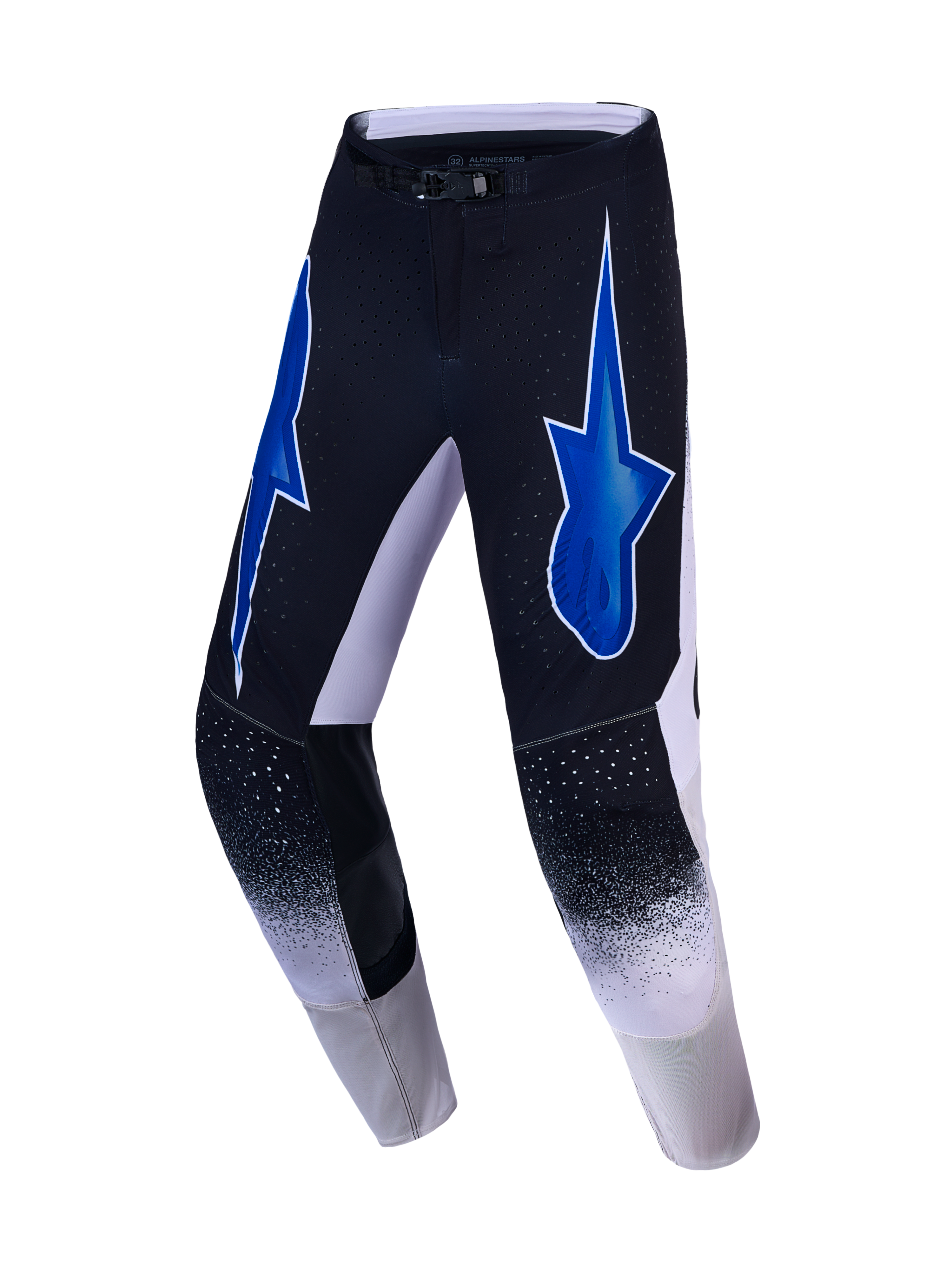 Alpinestars Supertech Hiten AFD, pantalon de motocross, noir et blanc, graphismes d'étoiles bleues et ventilation perforée