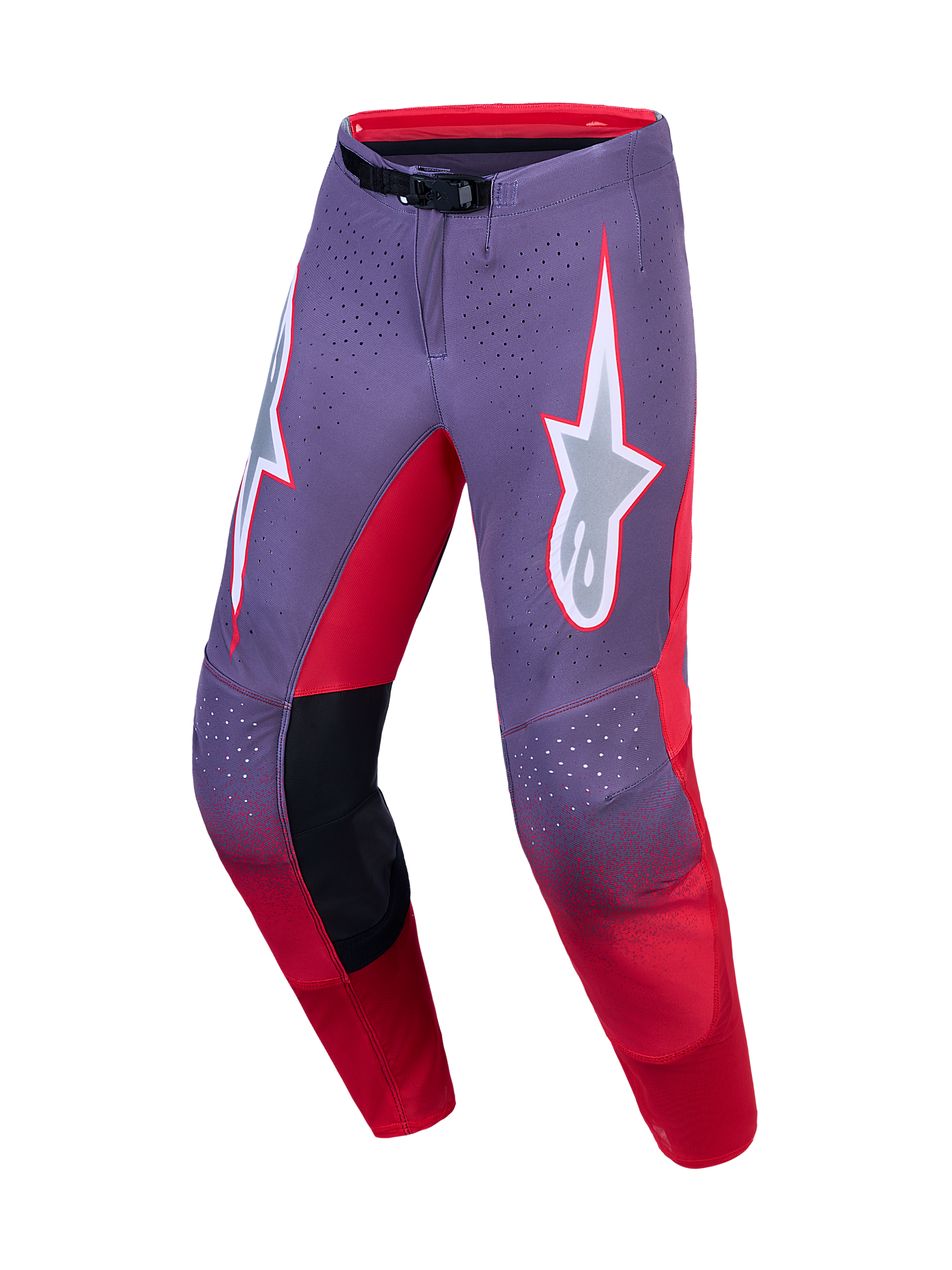Alpinestars Supertech Hiten AFD Motocross Pants in purple and red with laser-cut ventilation and a precise race fit.