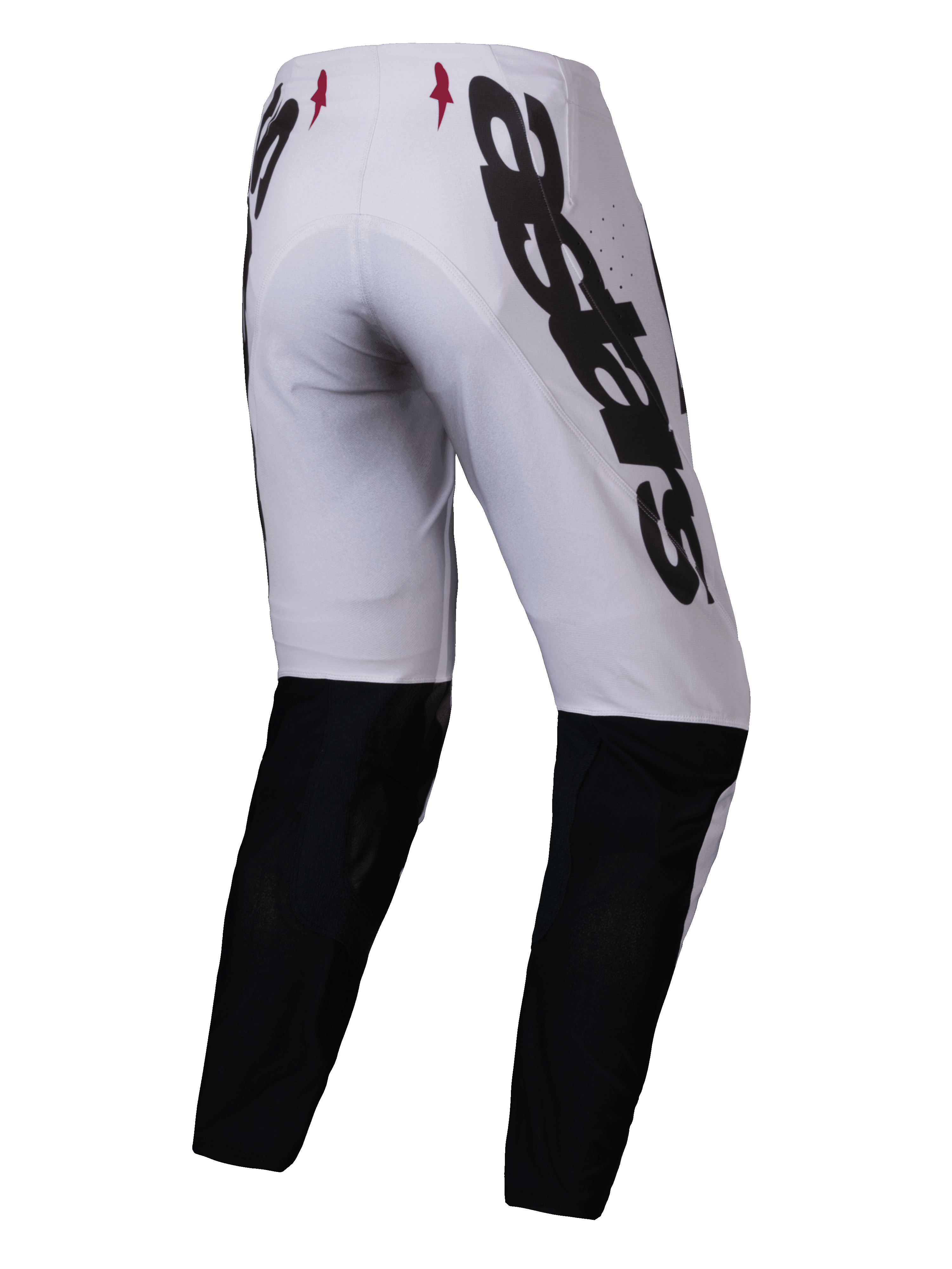 Alpinestars 2025 Supertech Maker Pants, Motocross Pants, Silver and Black, rear view featuring large black Alpinestars branding on the side, black lower leg panels, and small red star logos on the waistband, designed for professional off-road performance.