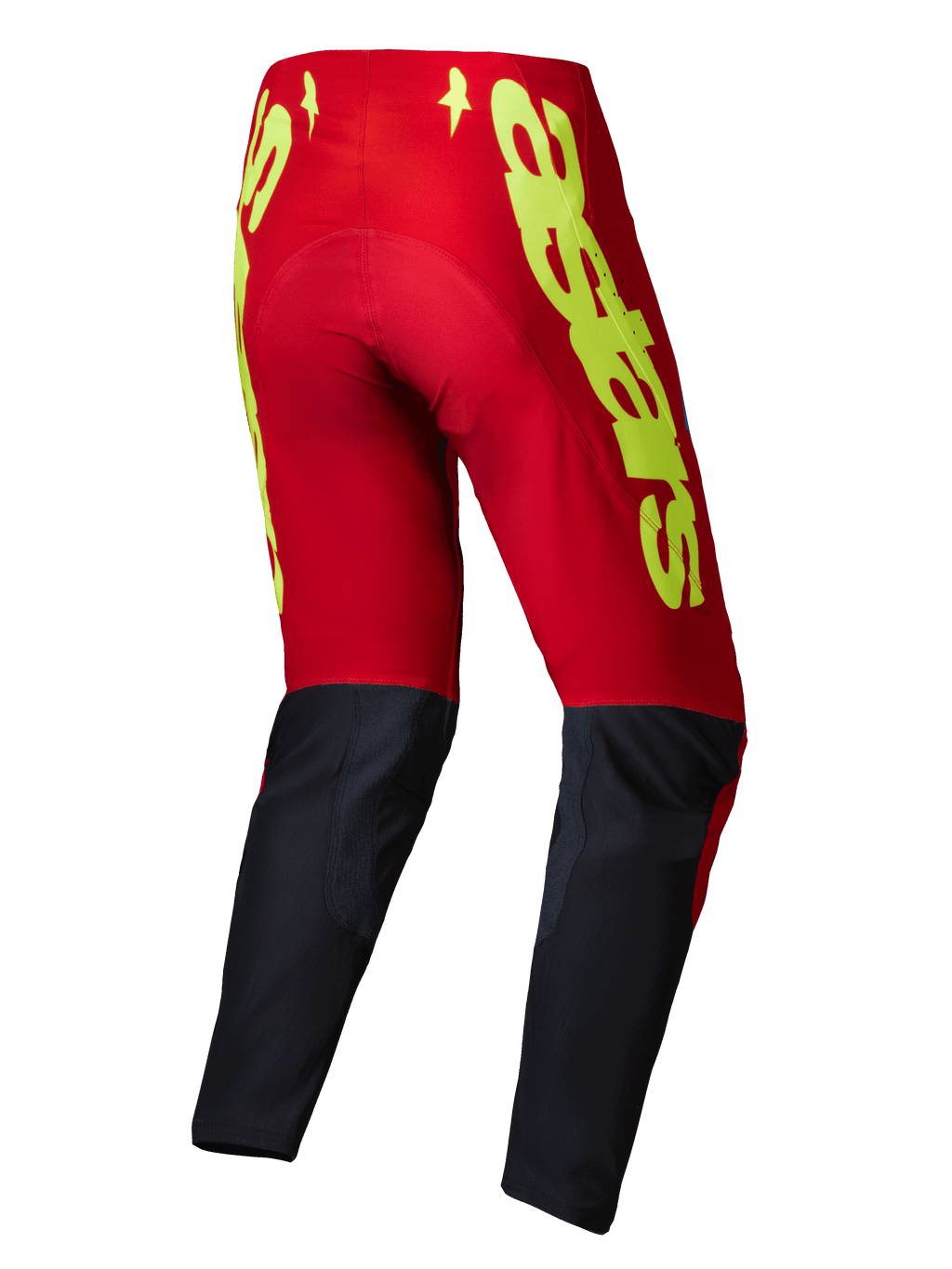 Alpinestars 2025 Supertech Maker Pants, pantalon de motocross, rouge vif et jaune fluo, vue arrière montrant un logo jaune vif sur la partie supérieure rouge et des panneaux noirs sur le bas des jambes, conçu pour la performance tout-terrain