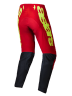 Alpinestars 2025 Supertech Maker Pants, pantalon de motocross, rouge vif et jaune fluo, vue arrière montrant un logo jaune vif sur la partie supérieure rouge et des panneaux noirs sur le bas des jambes, conçu pour la performance tout-terrain