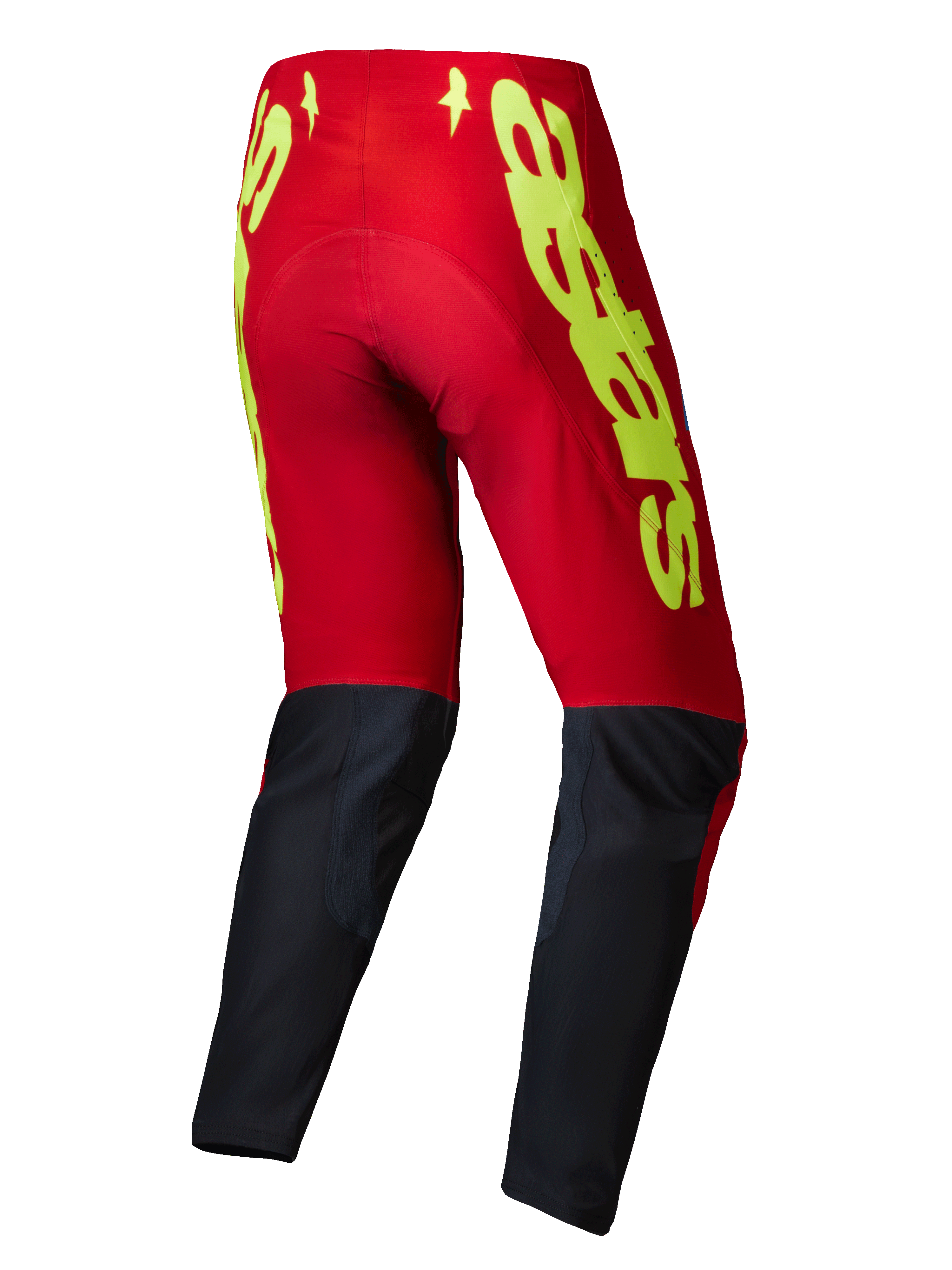 Alpinestars 2025 Supertech Maker Pants, pantalon de motocross, rouge vif et jaune fluo, vue arrière montrant un logo jaune vif sur la partie supérieure rouge et des panneaux noirs sur le bas des jambes, conçu pour la performance tout-terrain