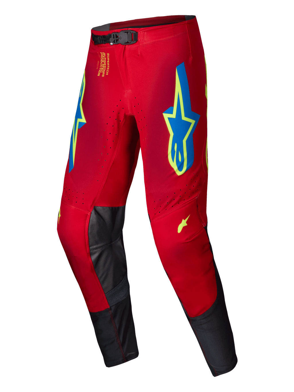 Pantalon Alpinestars Supertech Maker 2025, pantalon de motocross, rouge vif avec des accents jaune fluo et bleus, doté de grands logos étoilés sur les cuisses et d'empiècements intérieurs aux genoux en cuir noir, fermeture magnétique à la taille, équipement de course tout-terrain professionnel