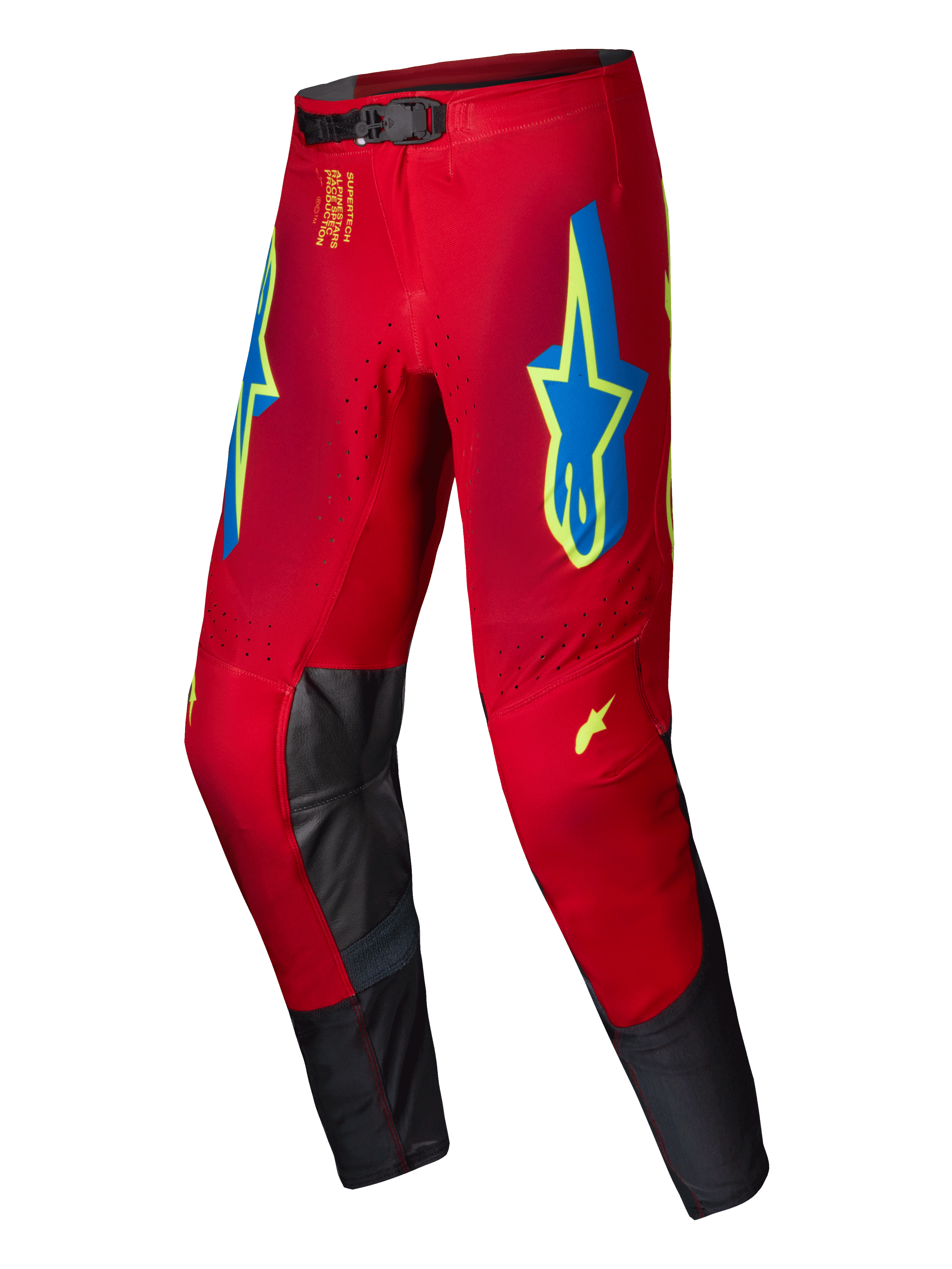 Pantalon Alpinestars Supertech Maker 2025, pantalon de motocross, rouge vif avec des accents jaune fluo et bleus, doté de grands logos étoilés sur les cuisses et d'empiècements intérieurs aux genoux en cuir noir, fermeture magnétique à la taille, équipement de course tout-terrain professionnel