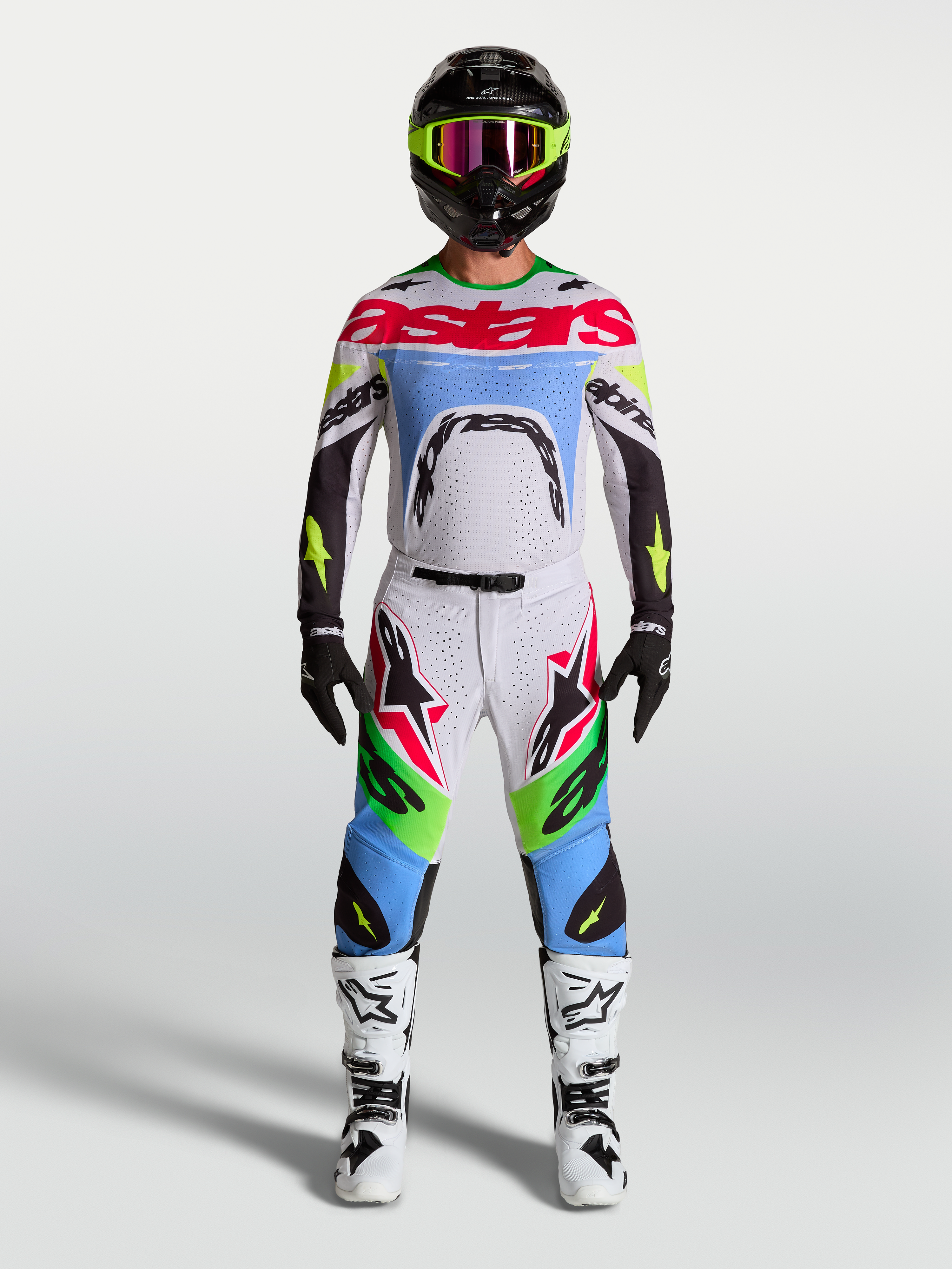 Alpinestars Supertech Dyna, pantalon de motocross pour homme, vert fluo et lilas clair, tissu rip-stop extensible, ensemble de protection complet avec casque et bottes