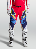 Alpinestars Pantalon Supertech Dyna, équipement de motocross pour homme, rouge et bleu avec accents jaunes, panneaux en cuir de chèvre et boucle magnétique