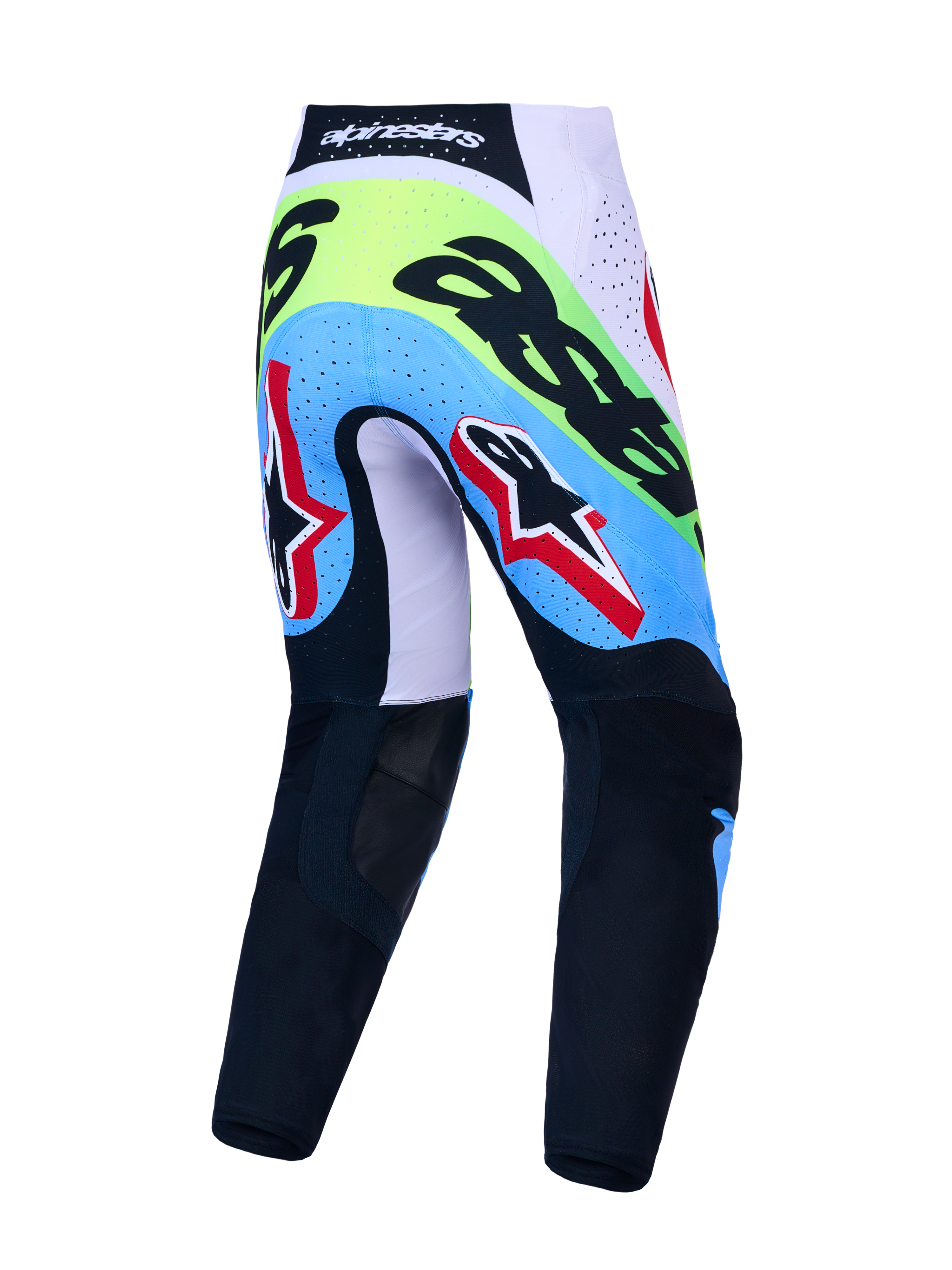 Alpinestars Supertech Dyna, pantalon de motocross homme, vert fluo et noir, vue arrière avec zones respirantes perforées.