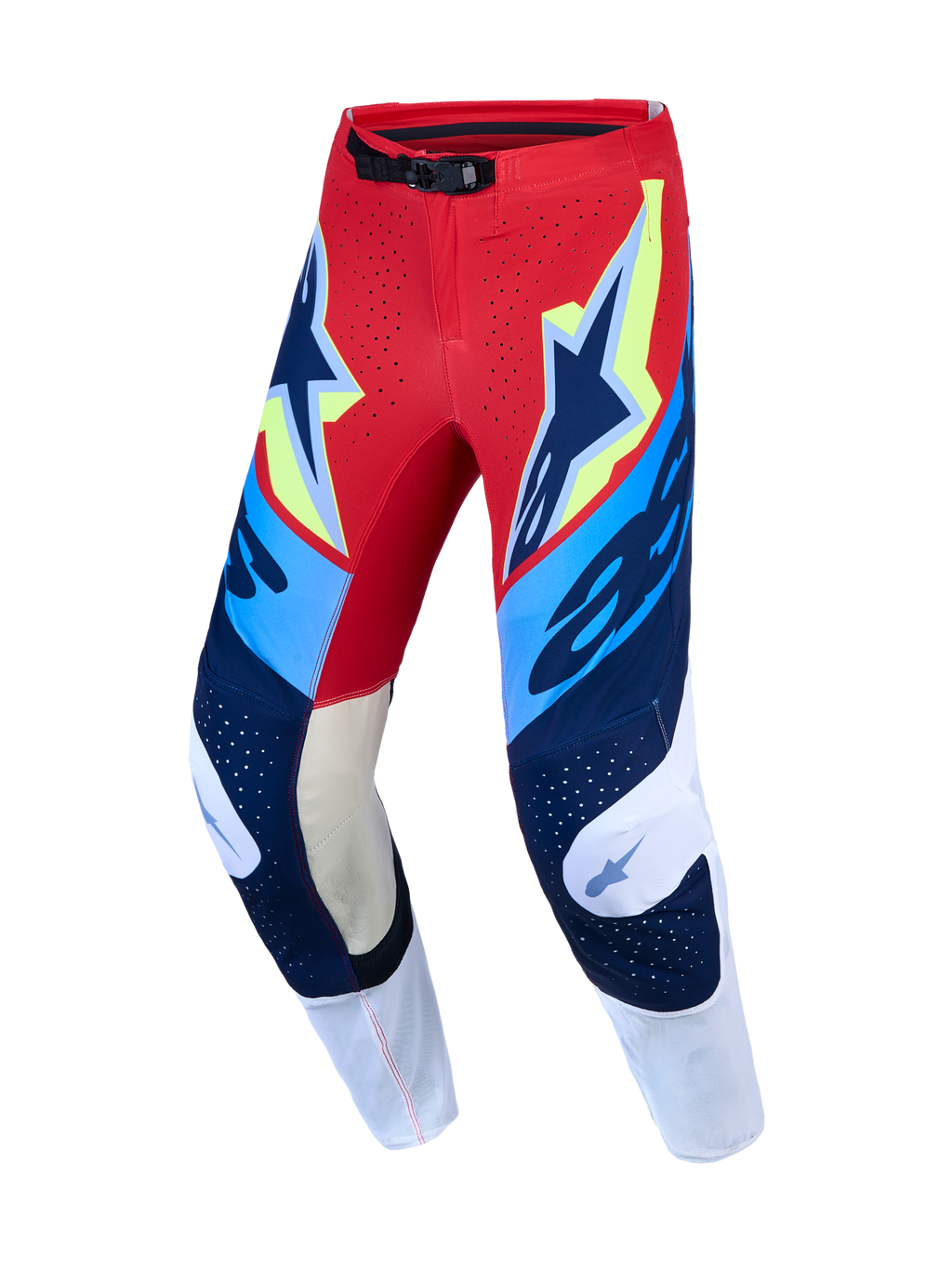 Alpinestars Supertech Dyna, pantalon de motocross pour homme, rouge et bleu marine, panneaux de genoux en cuir de chèvre