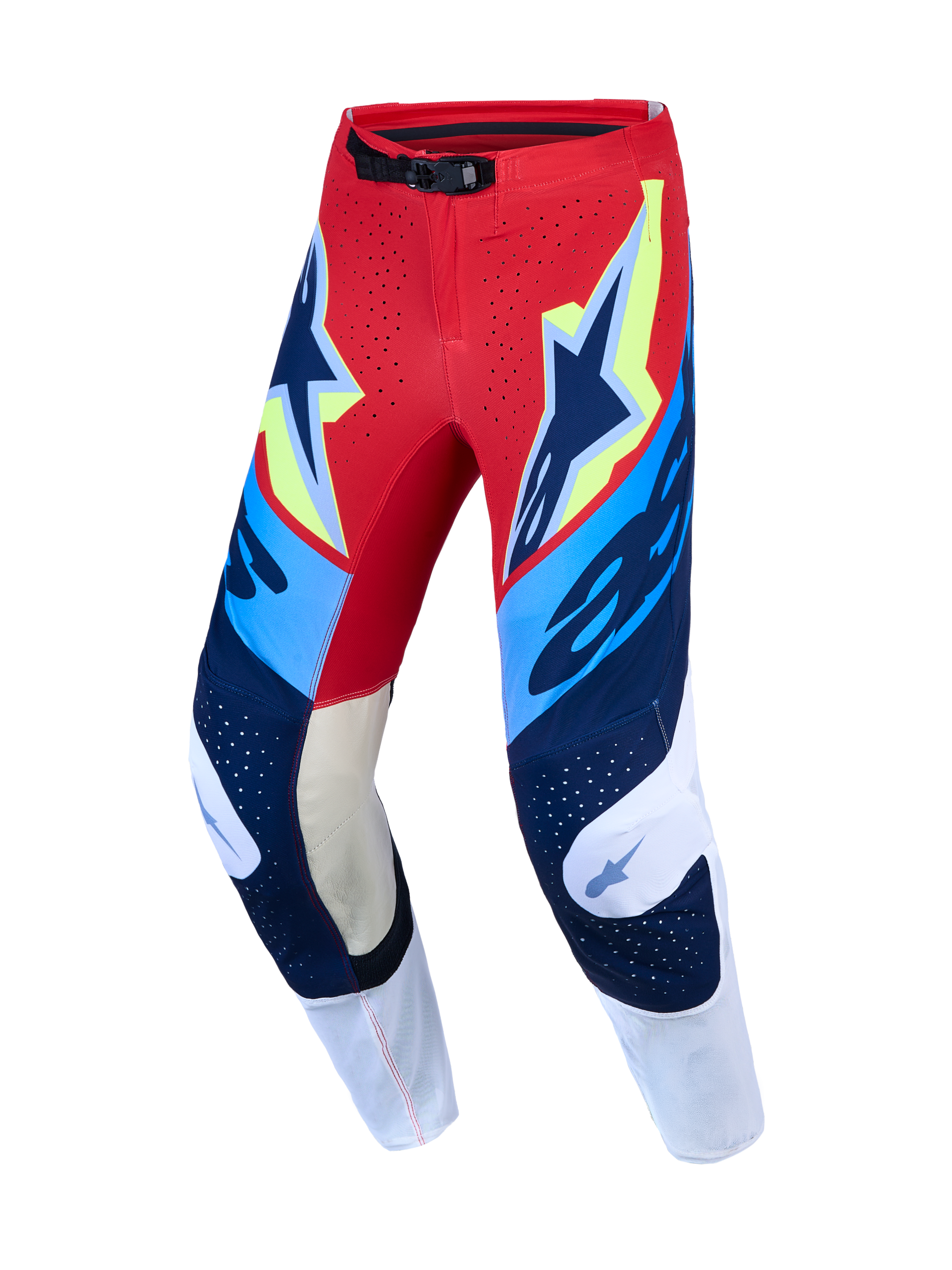 Alpinestars Supertech Dyna, pantalon de motocross pour homme, rouge et bleu marine, panneaux de genoux en cuir de chèvre