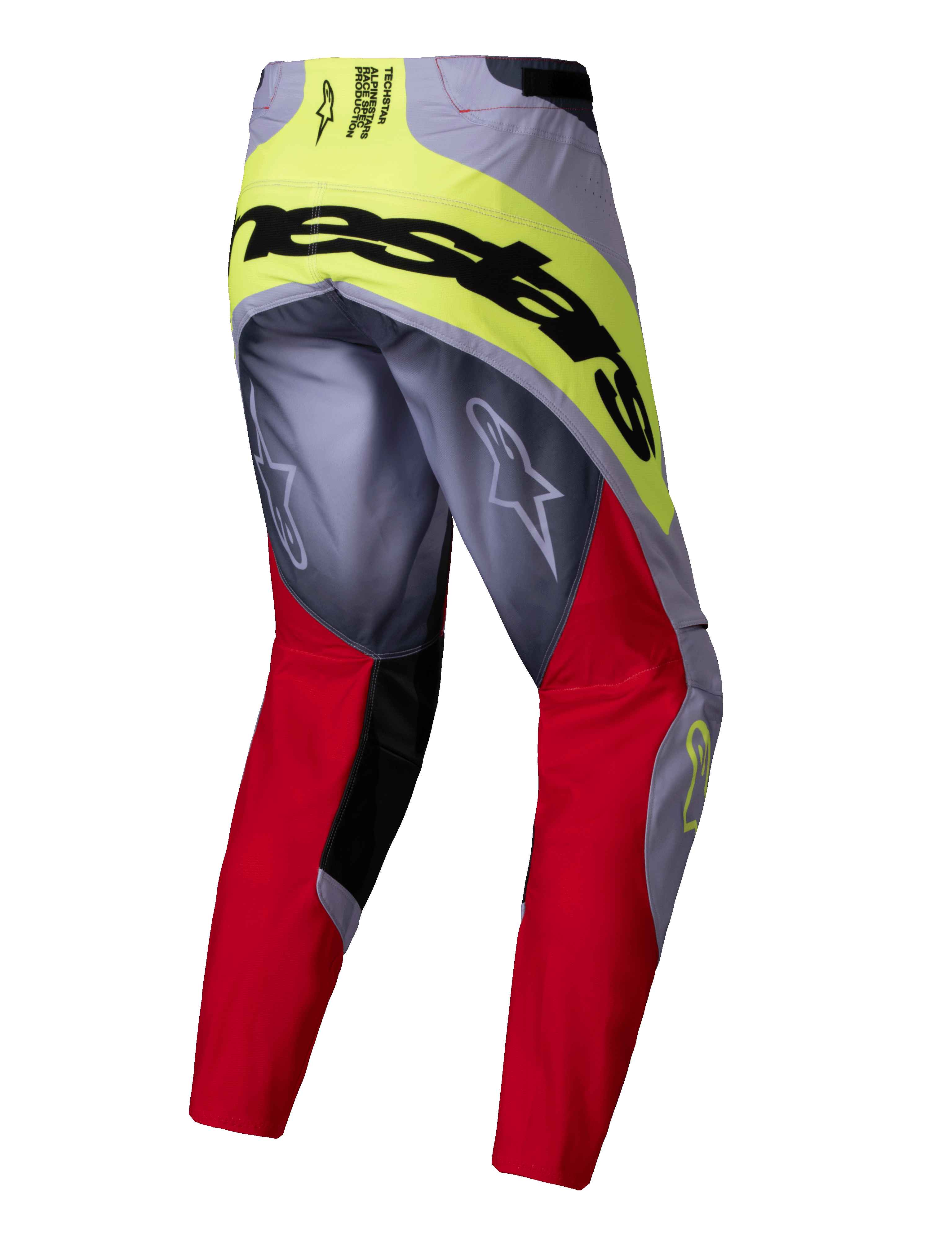 Alpinestars Techstar Melt Pants 2025, pantalon de motocross, rouge vif et gris avec des accents jaune fluo, vue arrière montrant un grand marquage Alpinestars noir sur l'assise, logos Astars sur les jambes, conception multi-matières durable pour la course tout-terrain